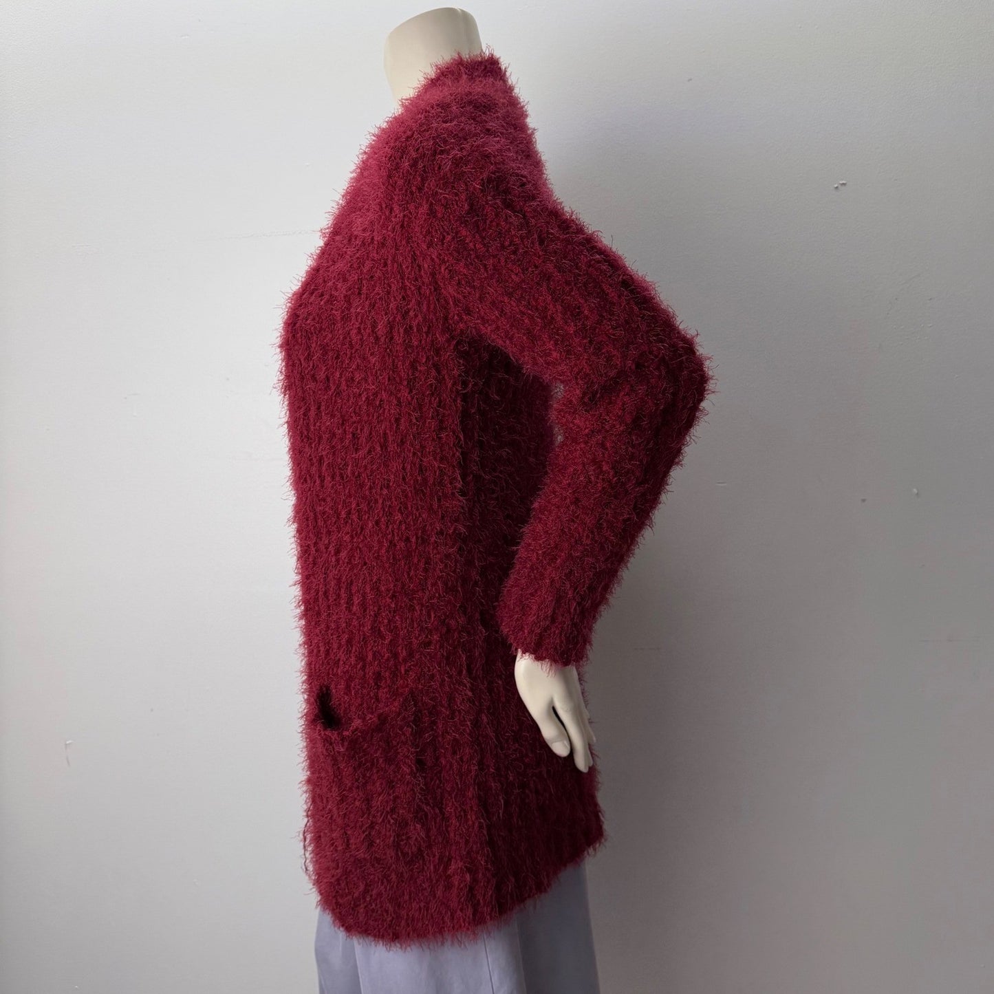 Burgundy Eyelash Knit Open Front Cardigan Sweater with Pockets Longline Fuzzy