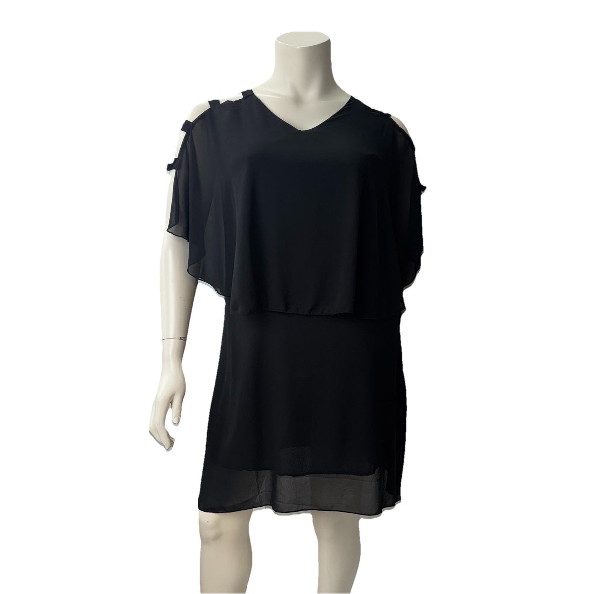 Black Chiffon Overlay Dress Cold Shoulder Layered Sheer Party Cocktail Sz Medium