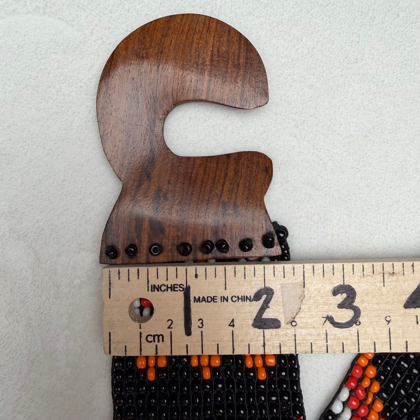 Vintage Beaded Belt Geometric Wood Hook Buckle Boho Southwestern Black OS