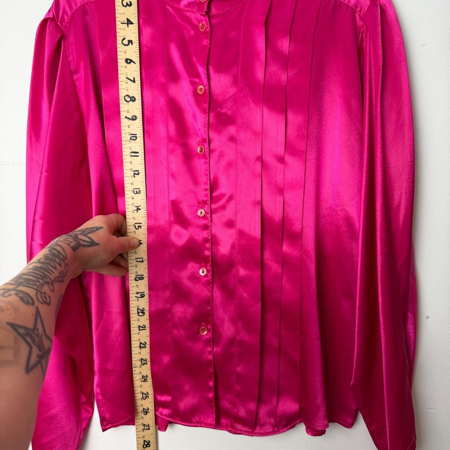 Vintage Esprit Fuchsia Pink Satin Pintuck Pleated Mandarin Collar Blouse 80s 90s
