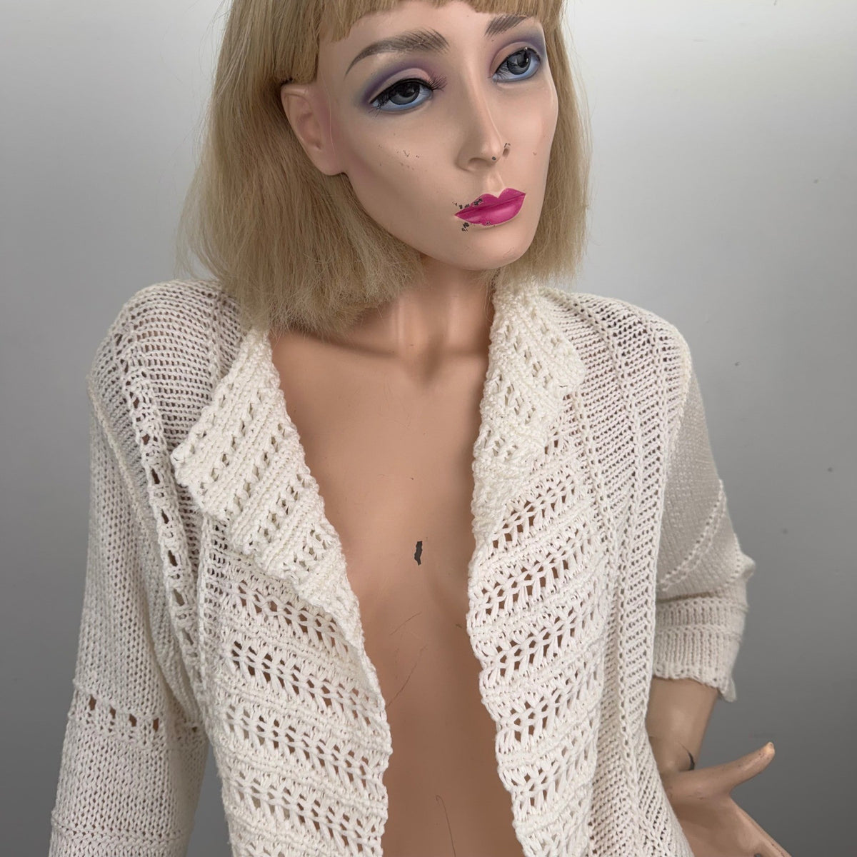 Vintage MOFFI International Ivory Open Knit Cardigan Bell Sleeve  Boho Sz Small