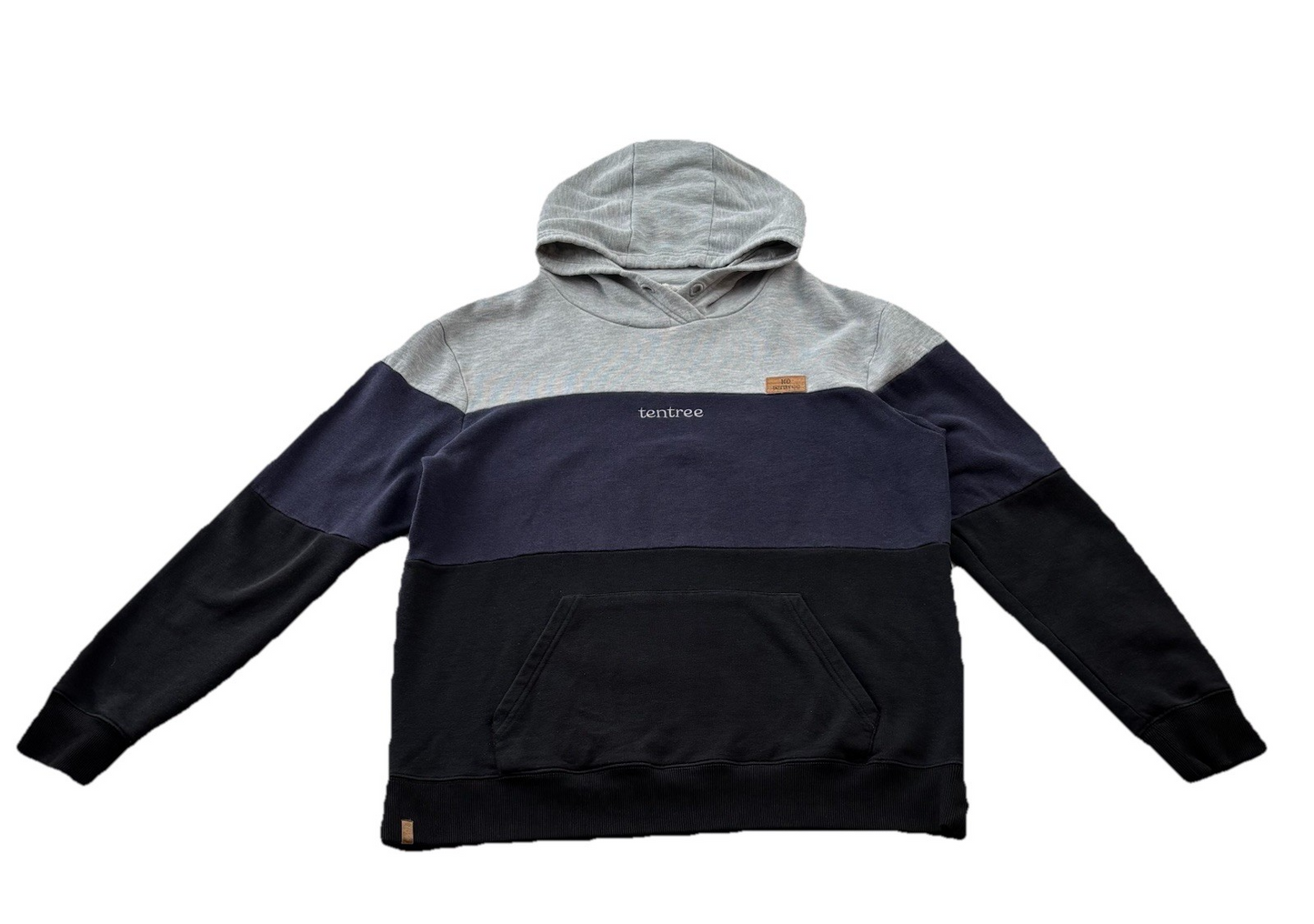 Tentree Mens Hoodie Large Colorblock Gray Navy Black Pullover Organic Cotton