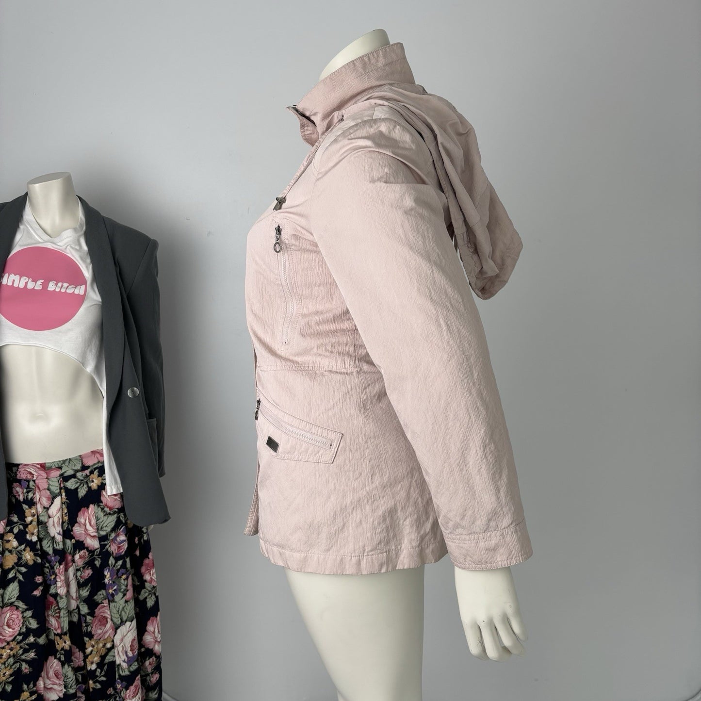 Womens Pastel Pink Jacket Lightweight Coat Y2K Windbreaker Travelcore Sz Md Hood