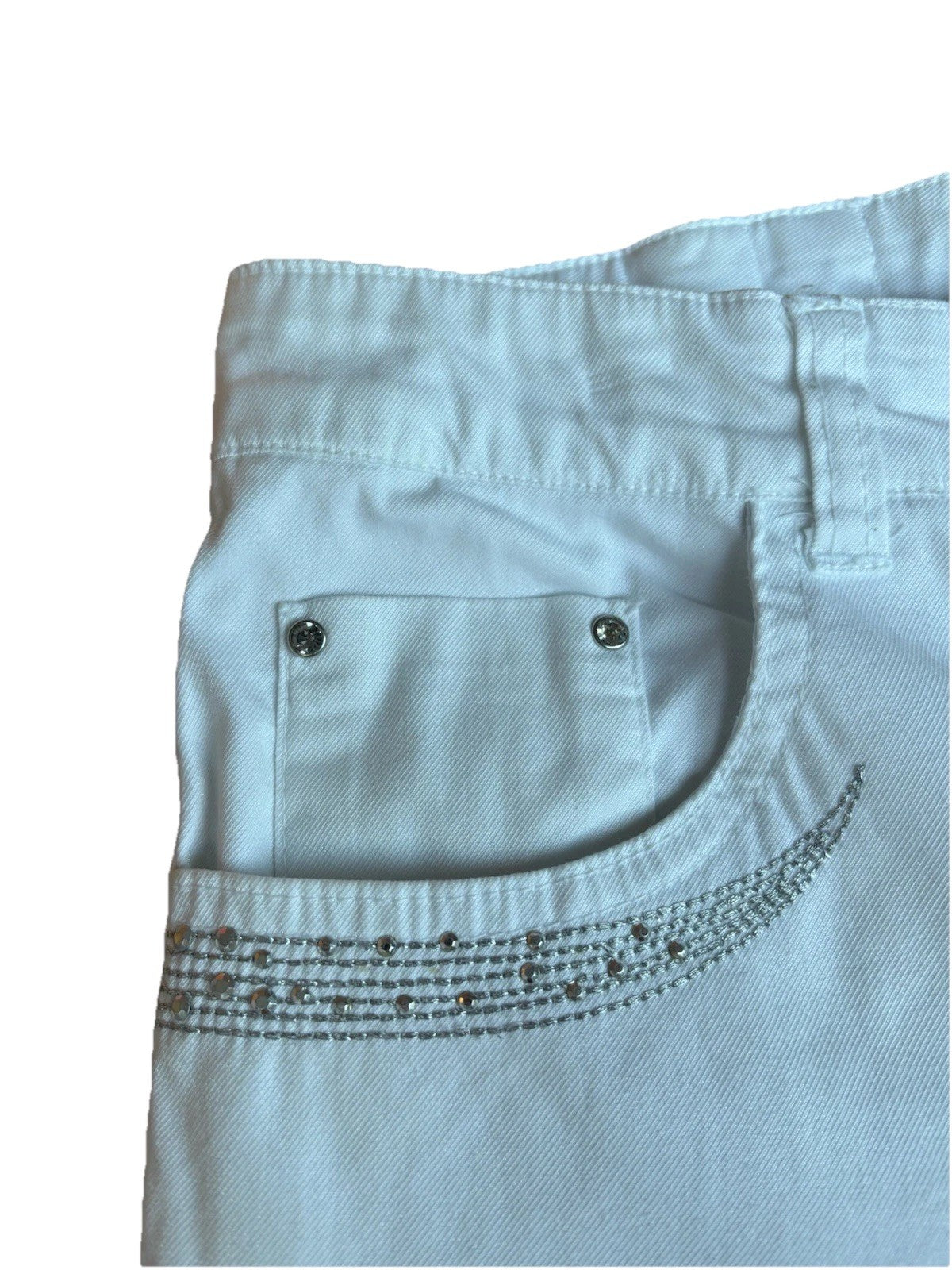 Women's White Capri Simon Chang Jeans Size 4 Crystal Detail Pockets Leg Zippers