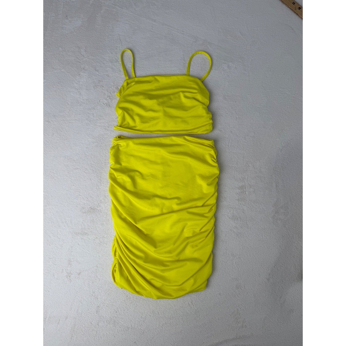Neon Yellow Body Con Set  + Black Lycra Mini Skirt Club Rave Festival Outfit S
