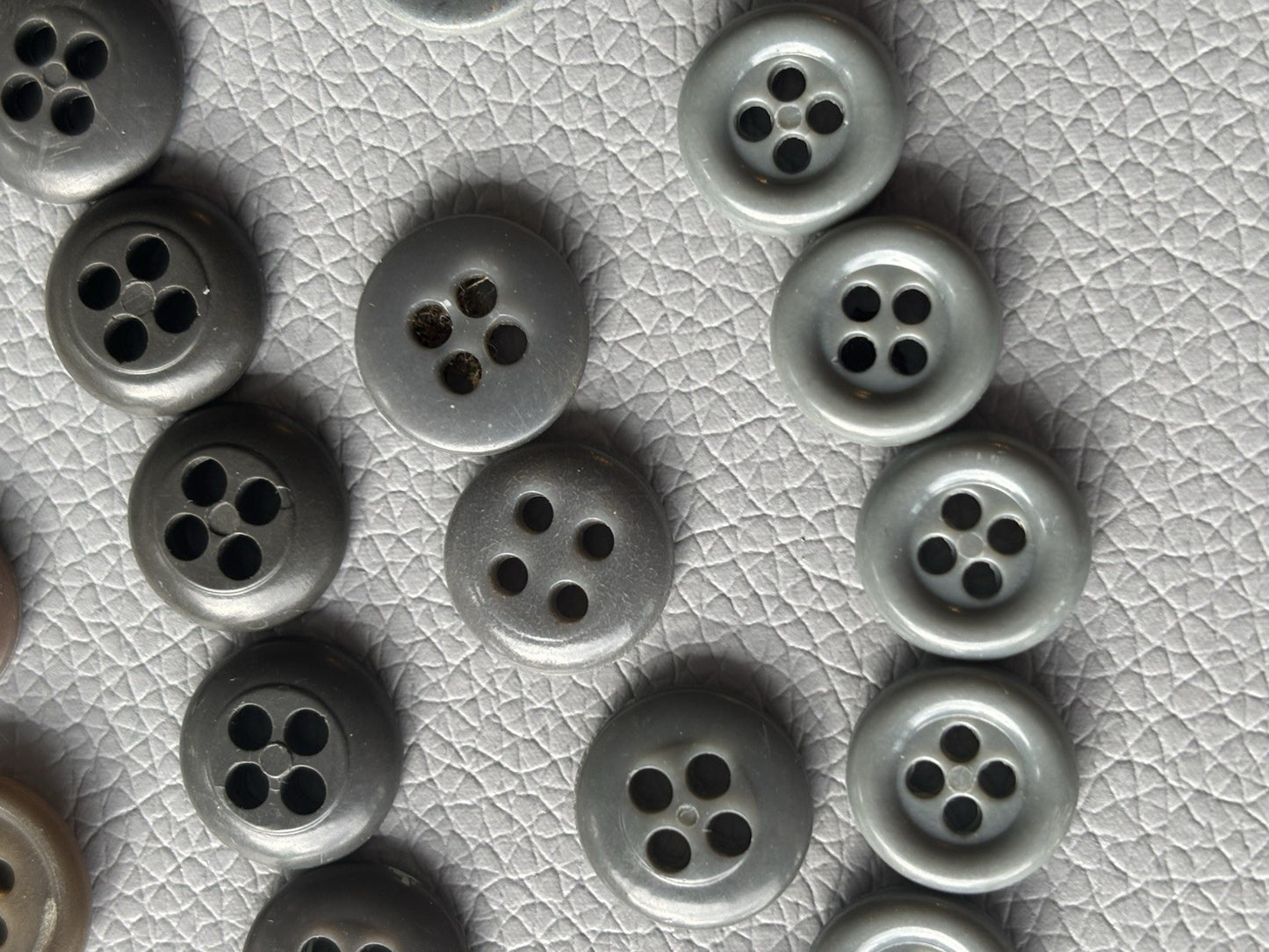 Vintage Button Lot Of 59 Early Plastic Four Hole Buttons Grey Taupe White Brown