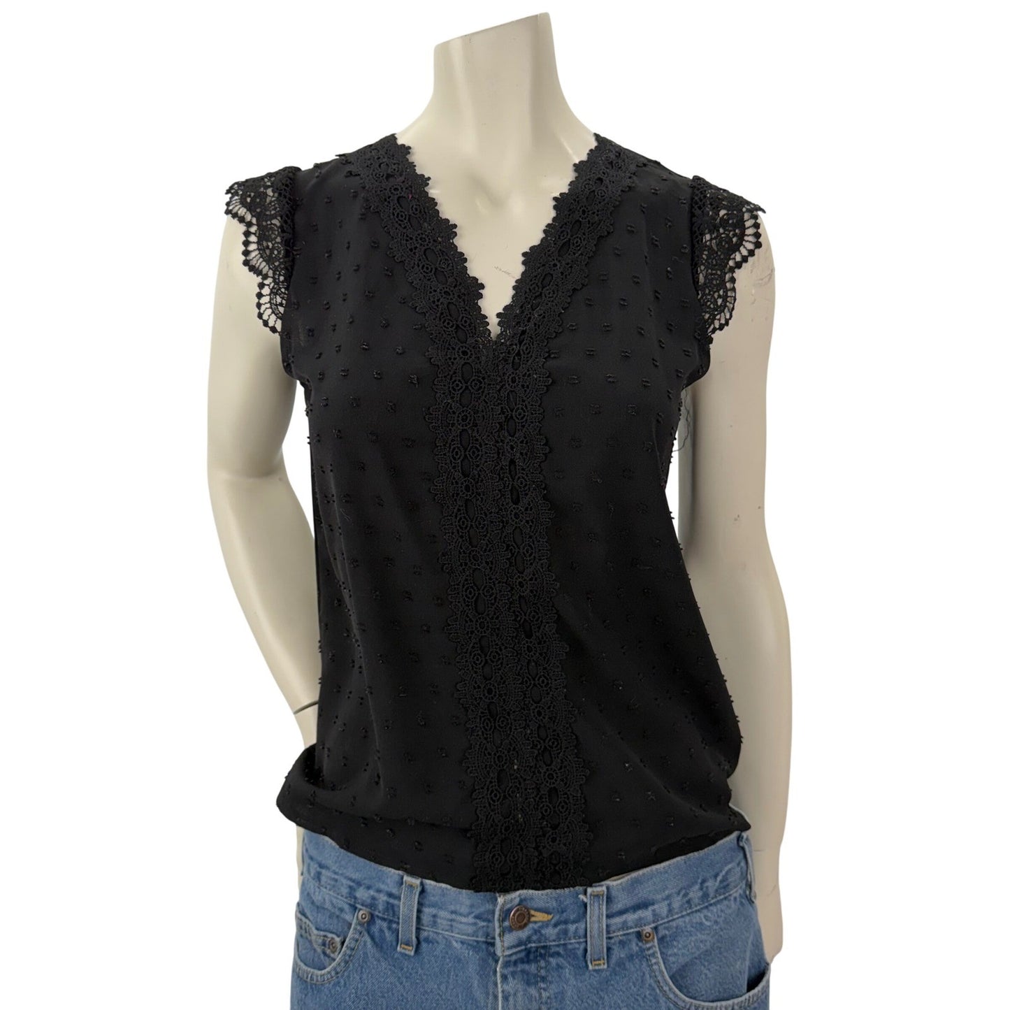 Women Black Sleeveless Blouse Swiss Dot Lace Trim Small Victorian Dark Academia
