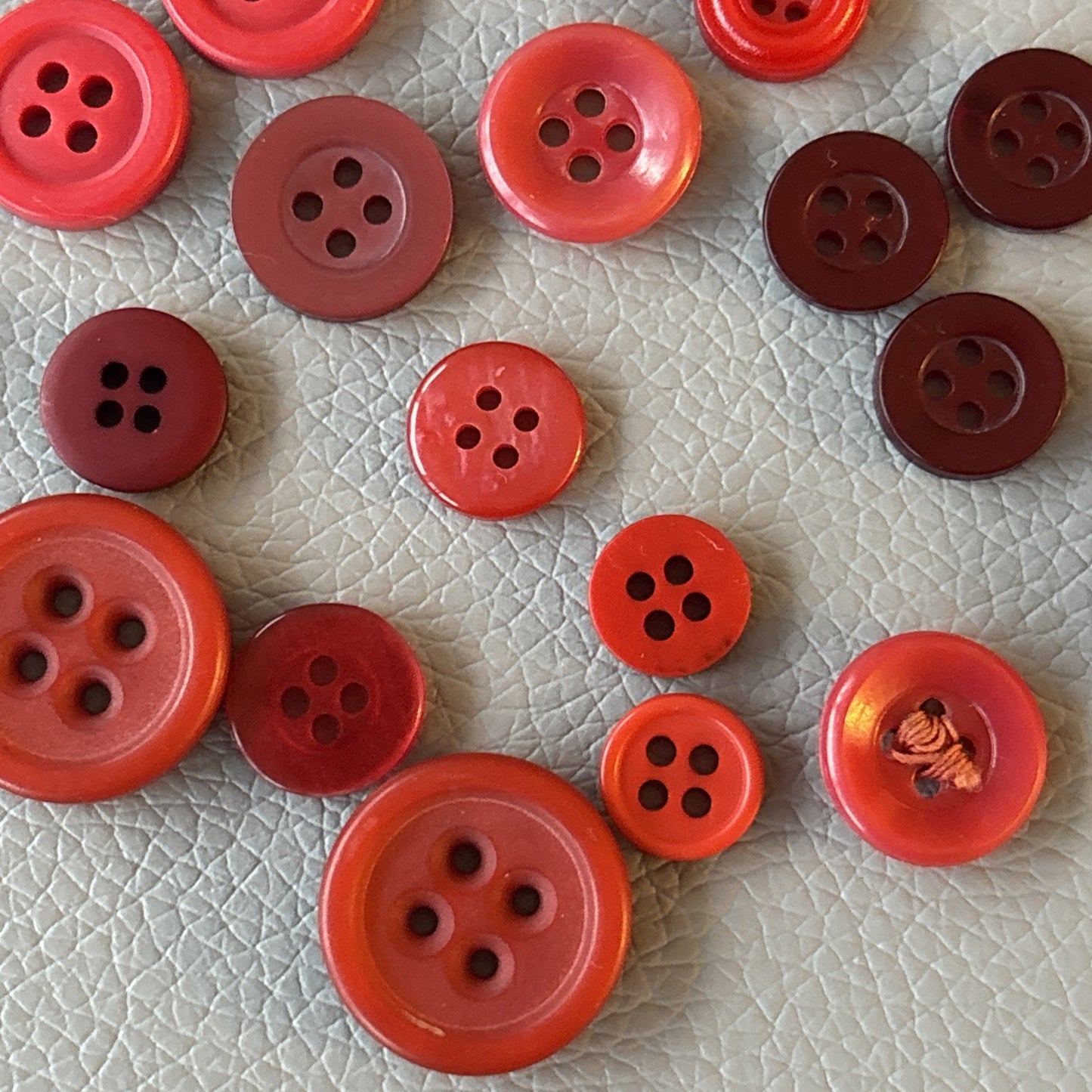 Vintage Red Four Hole Button Lot Made Of Early Plastic 3 Large,  Small + Medium