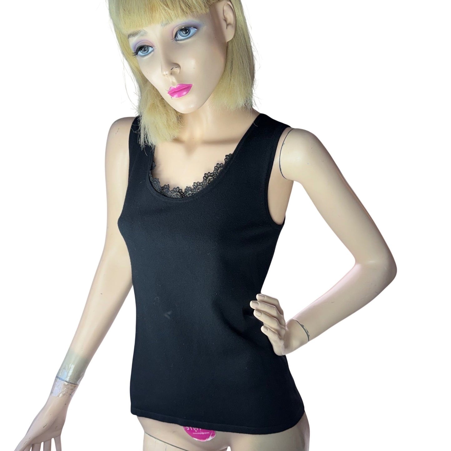 Vintage Tank Top Crochet Lace Trim Scoop Neck Coquette 90s Stretchy Black Small