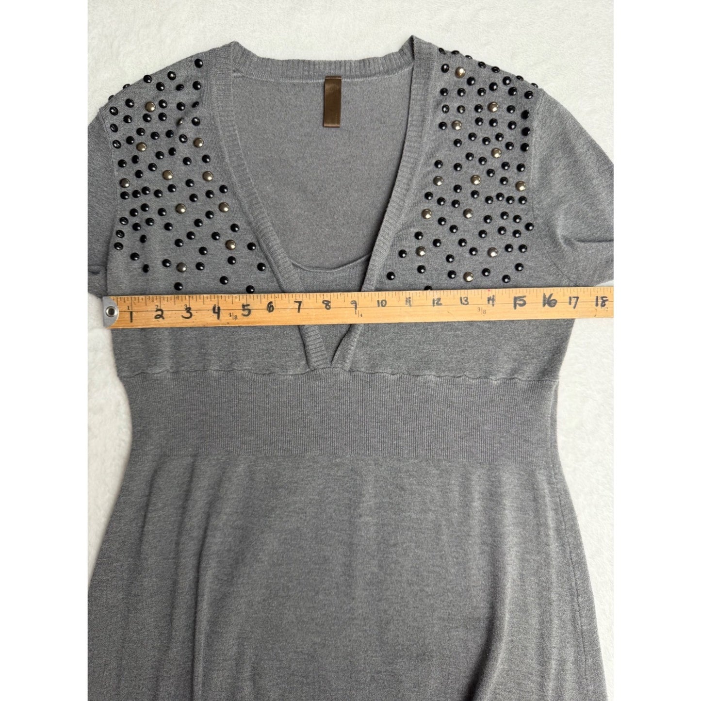 Danny Be Grey Studded Tunic Dress Balloon Sleeve Empire Waist Y2K Indie Sleeze