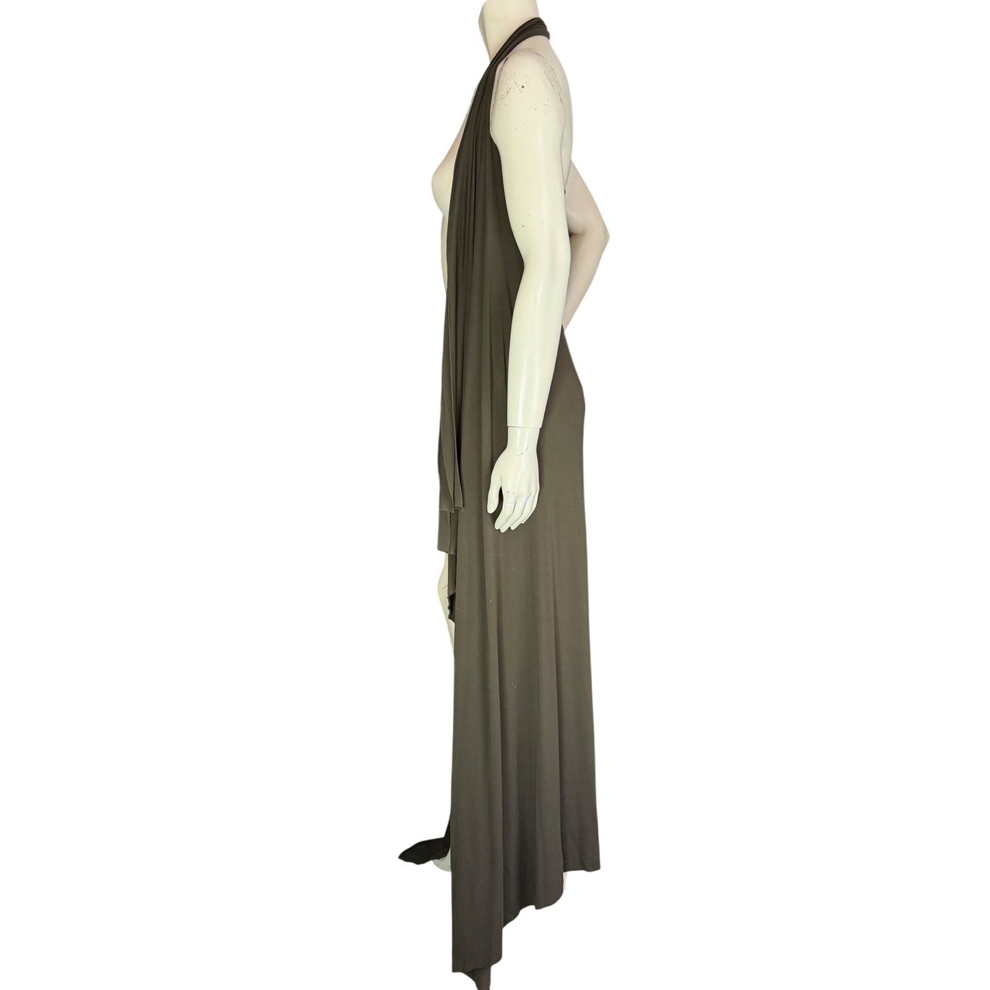 Simpłe Halter Maxi Dress Knot Front Grecian Resortwear Olive Drab Green OS