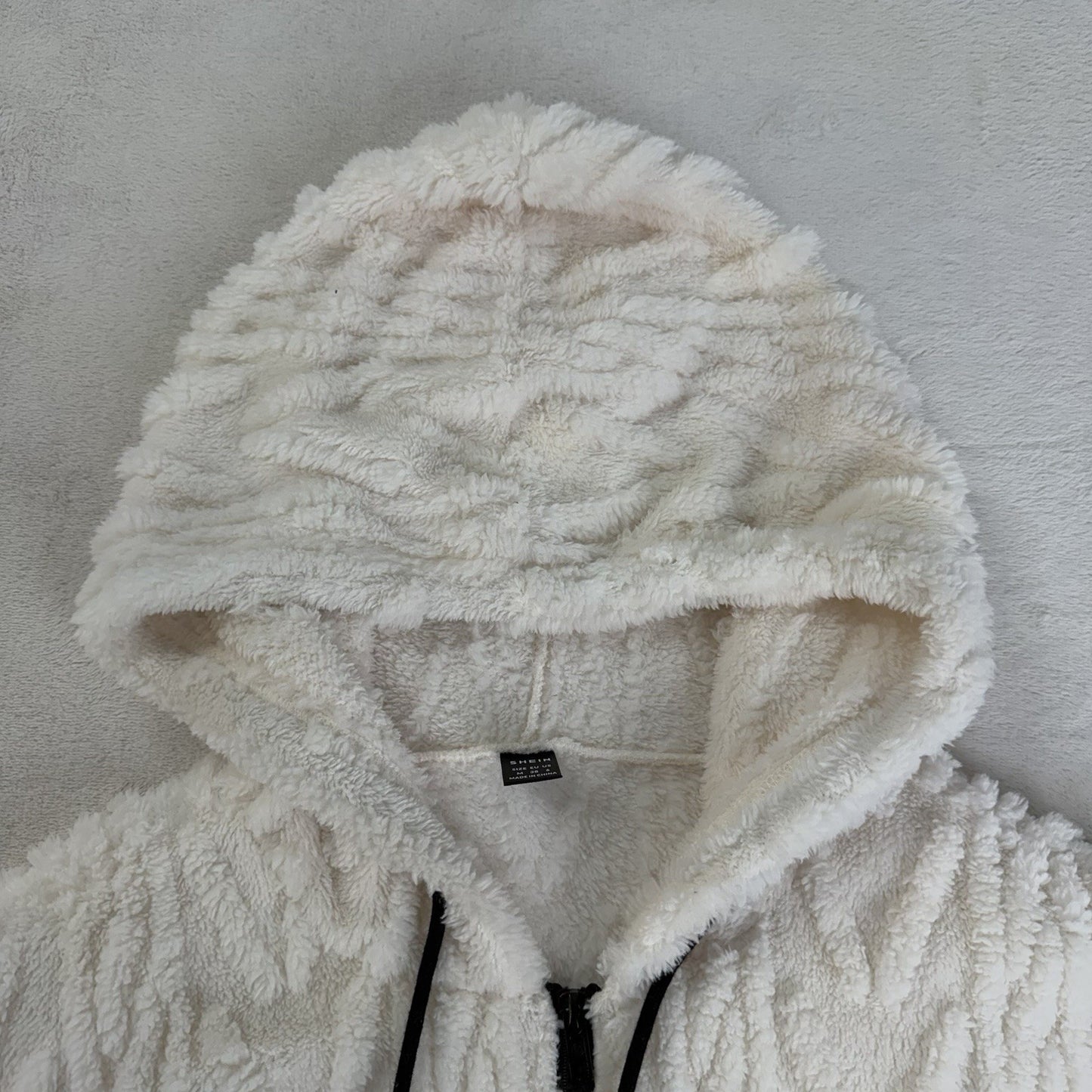 SHEIN White Sherpa Zip Up Hoodie Jacket Women's Medium Soft Fuzzy Faux Fur Zip