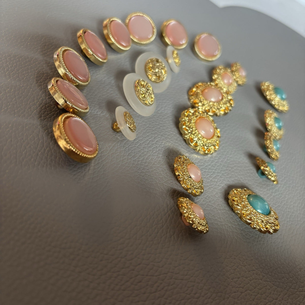 Contemporary Gold Filigree Cabochon Button Lot Pink Aqua Frosted Retro Style Set
