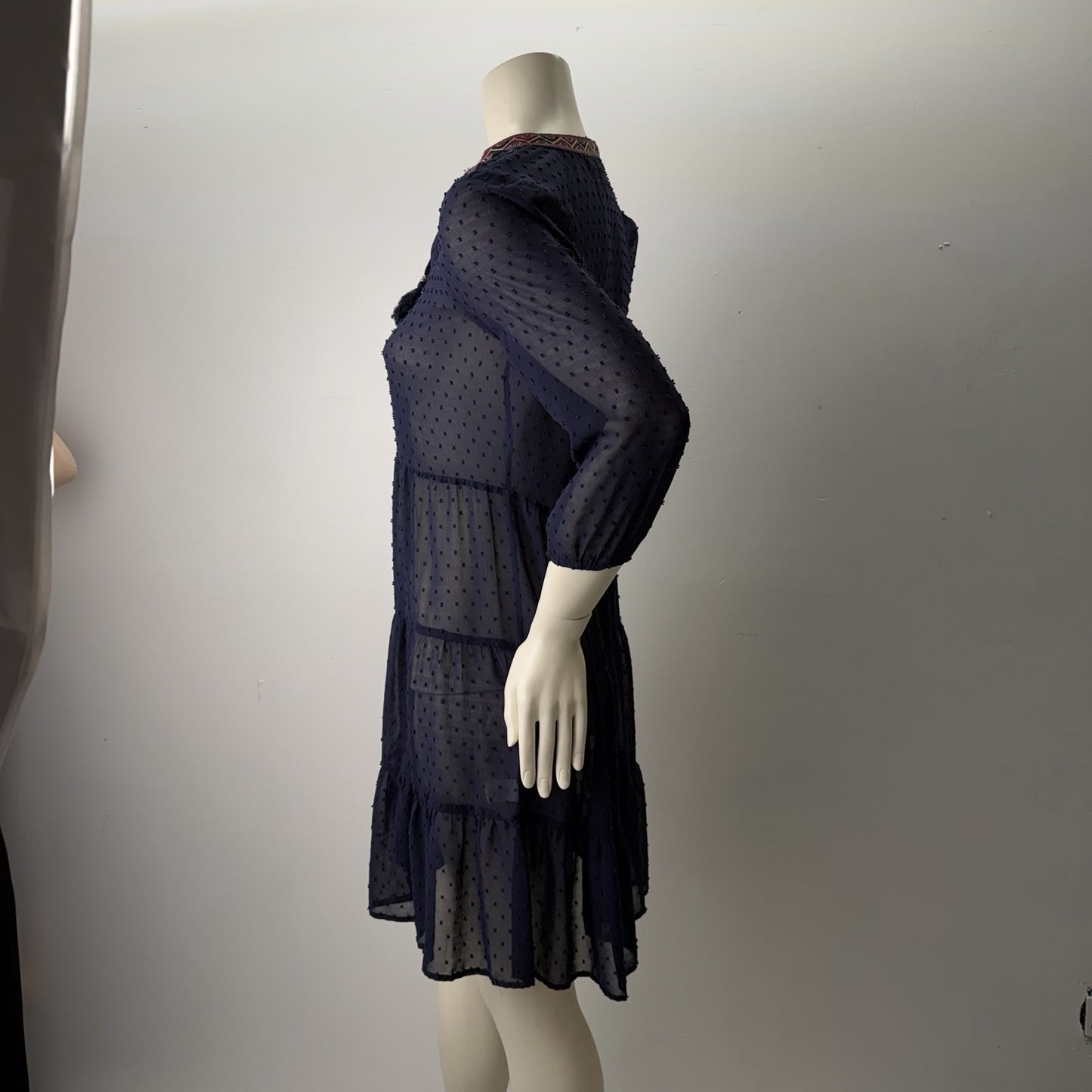 Daniel Rainn Navy Swiss Dot Tiered Dress Boho Embroidered XSmall Coquettecore