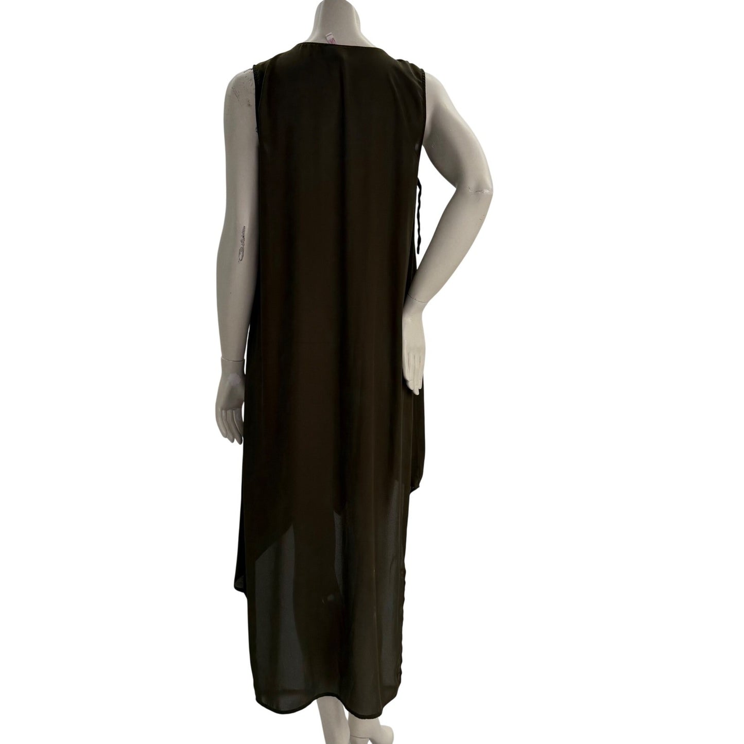 Olive Green High Low Draped V-Neck Top Sheer Dress Large Lagenlook Goblincore