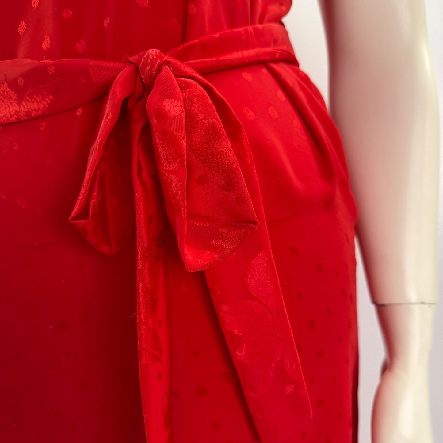 Handmade Red Polka Dot Satin Maxi Dress  Tie Waist Side Slit Sexy