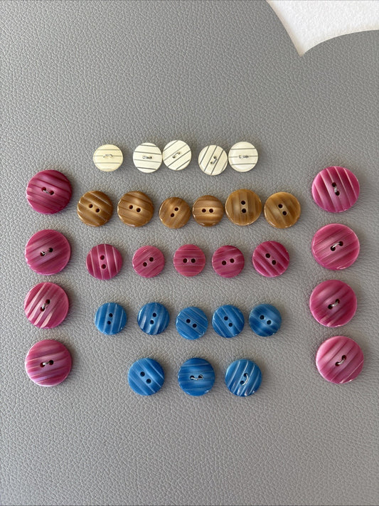Vintage Striped Button Lot Cream Brown Pink Blue Two-Hole Plastic Sewing Craft
