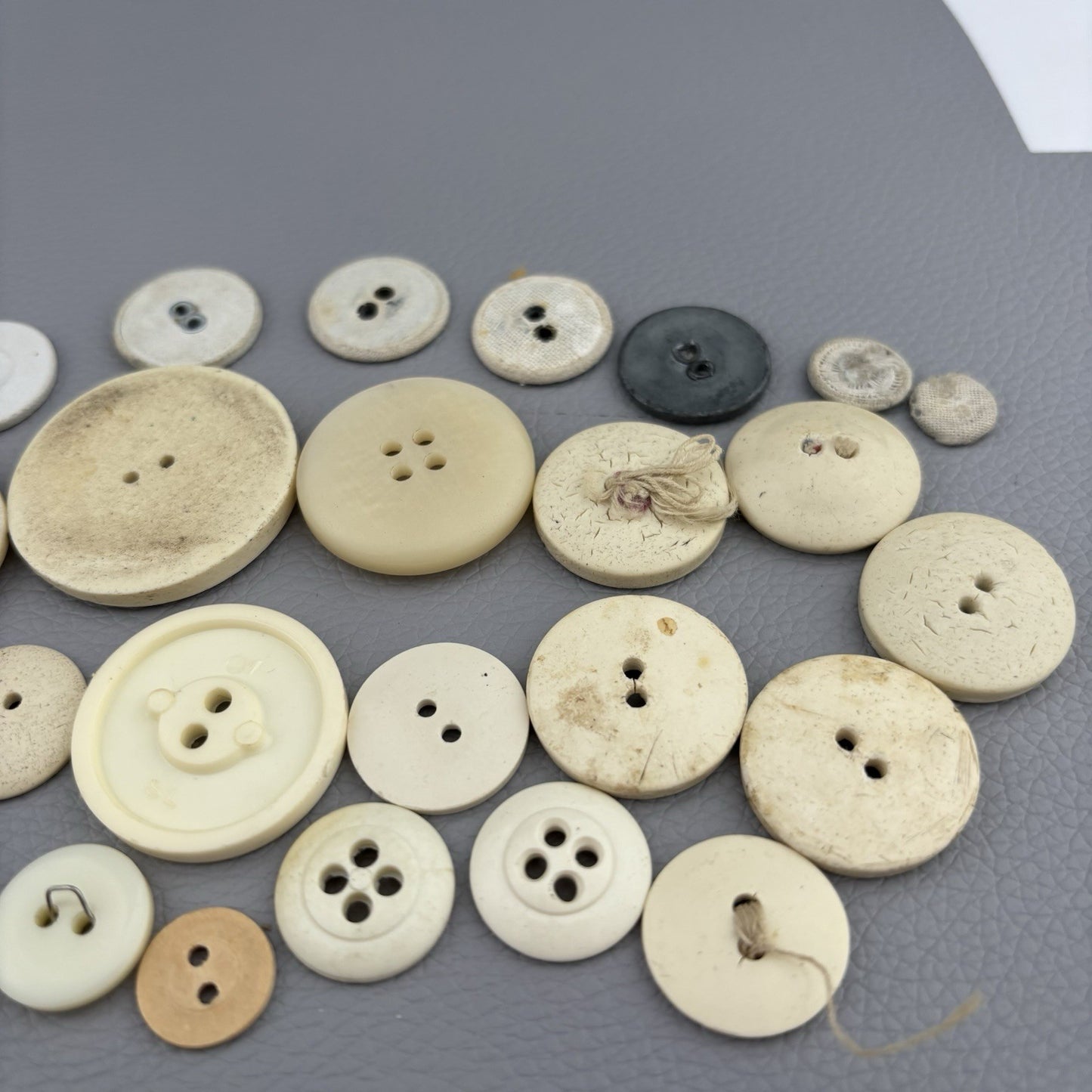 Antique Casein + Fabric Buttons Lot – Natural Ivory Beige Mix ~35pcs Early 1900s