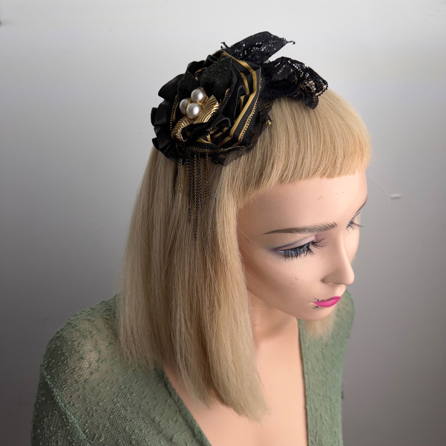 Handmade Floral Fascinator Headband Gold Chain Faux Pearl Gothic Victorian OS