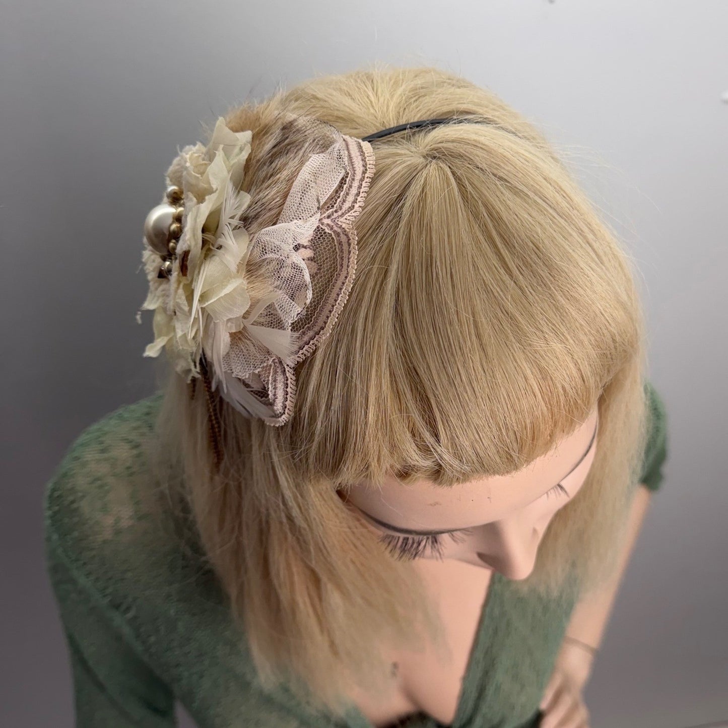Handmade Floral Headband Lace Pearl Chain Fascinator Coquette Victorian Cream OS