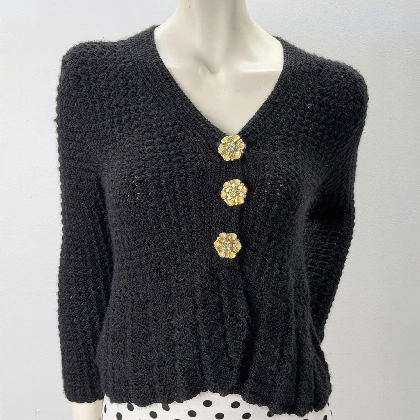 Vintage Black Fuzzy V-Neck Handmade Cardigan Peplum Yellow Flower Buttons Medium