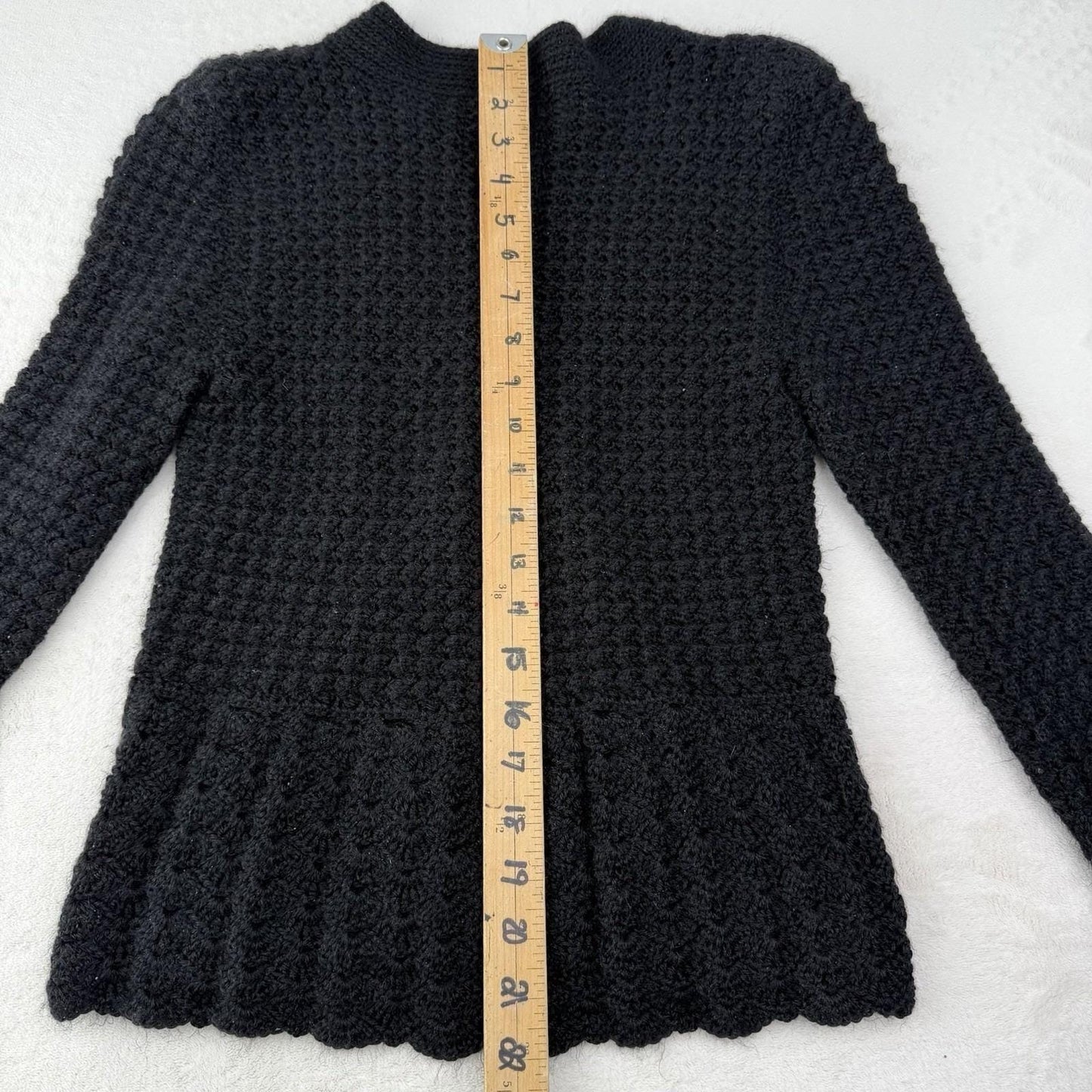 Vintage Black Fuzzy V-Neck Handmade Cardigan Peplum Yellow Flower Buttons Medium
