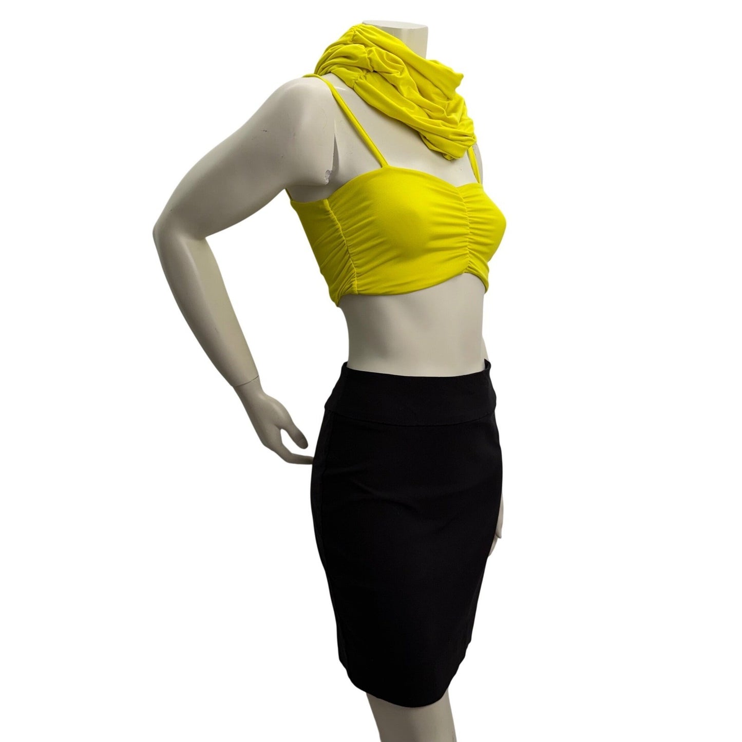 Neon Yellow Body Con Set  + Black Lycra Mini Skirt Club Rave Festival Outfit S