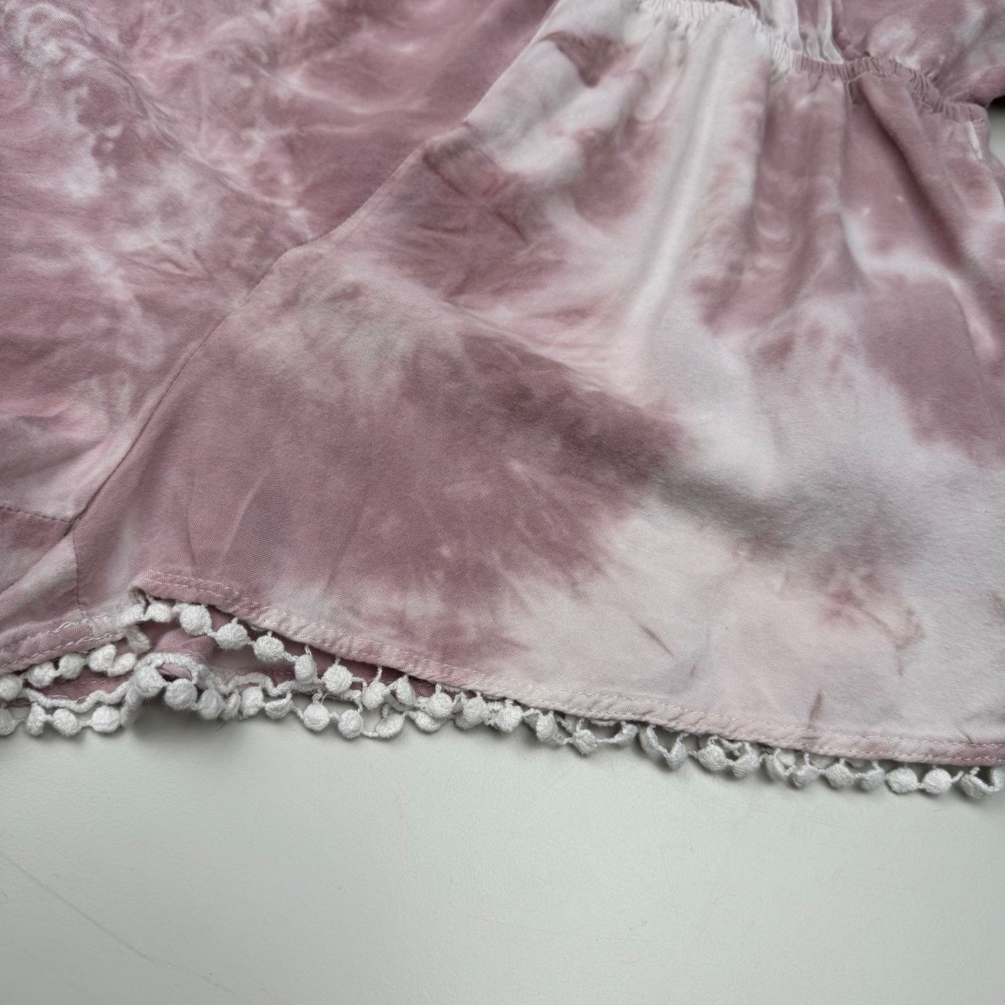 Mimi Chica Romper Tie Dye Halter Pom Pom Trim Boho Festival Mauve Large