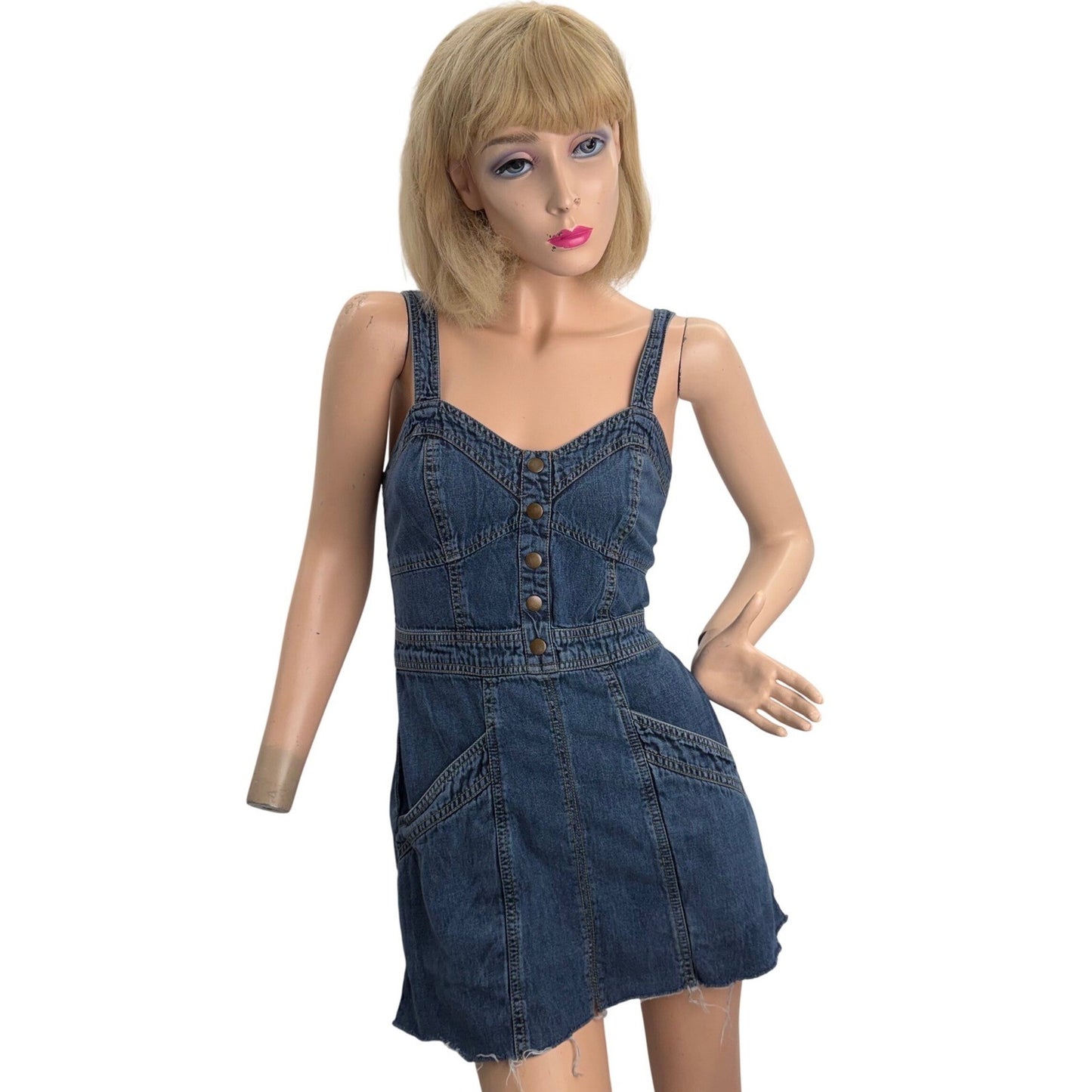 Denim Button Front Mini Dress smocked back Strappy Summer Casual Womens Medium