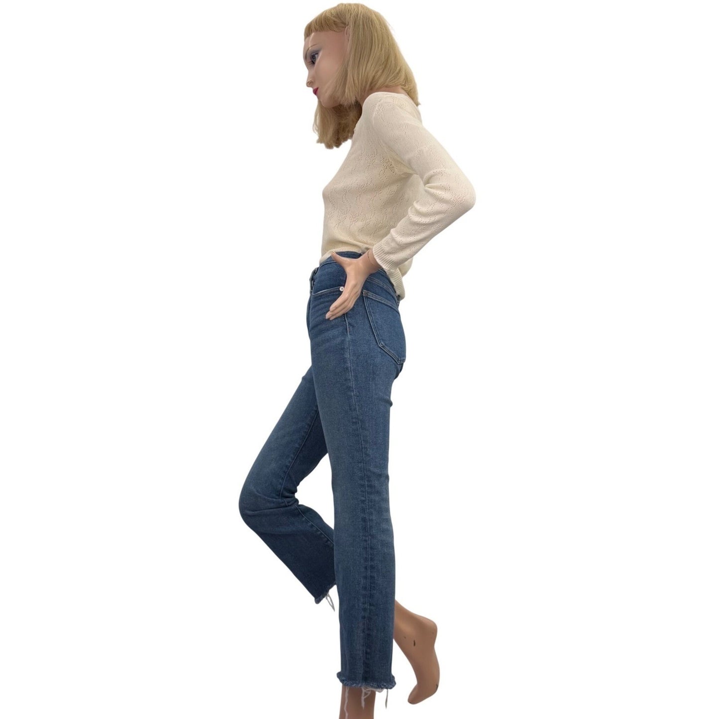 Madewell Jeans High Rise Cali Demi-Boot   Raw Hem Sz 24 Blue Wash Straight Leg
