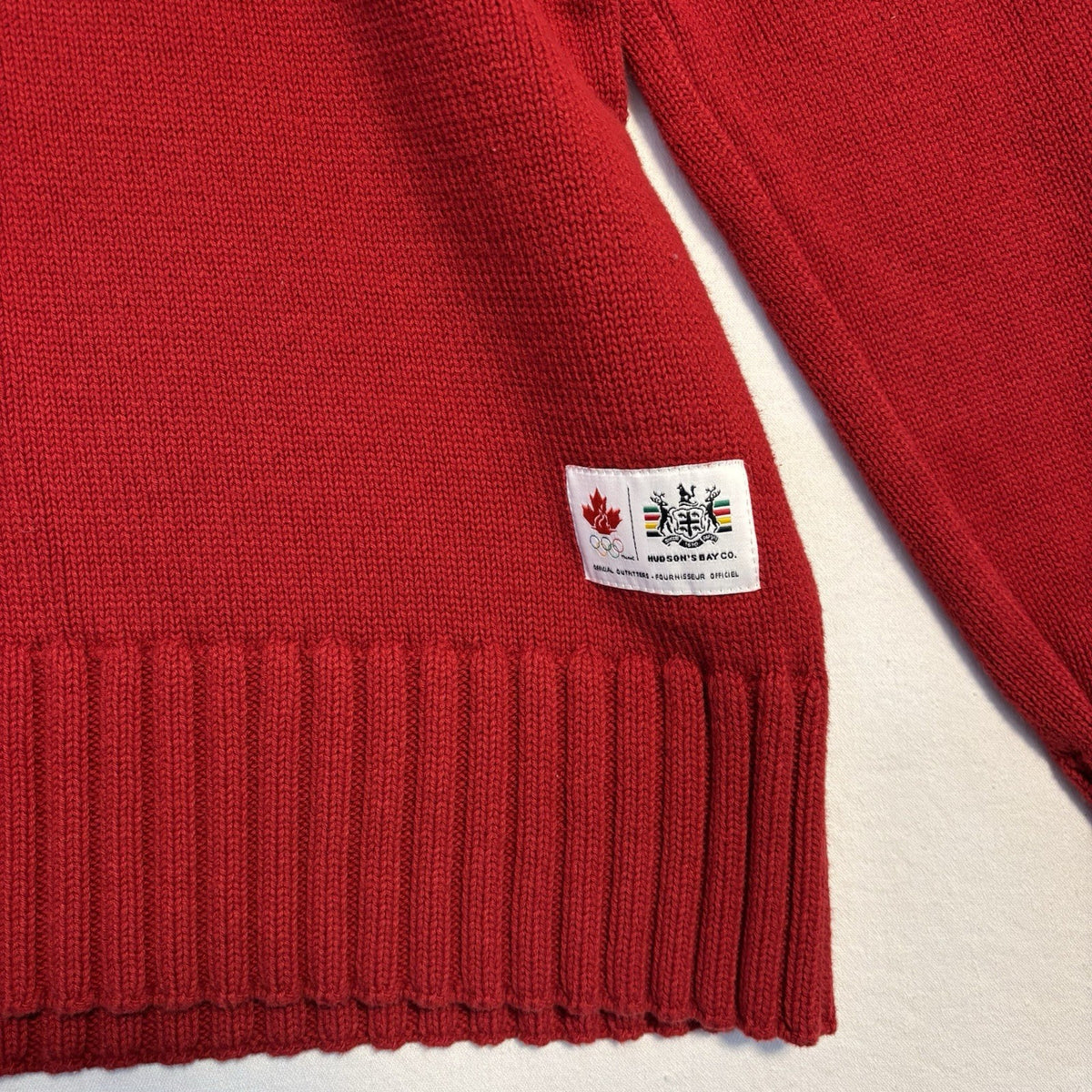 Hudson's Bay Team Canada Red Knit Sweater: Hem patch and ribbing detail
