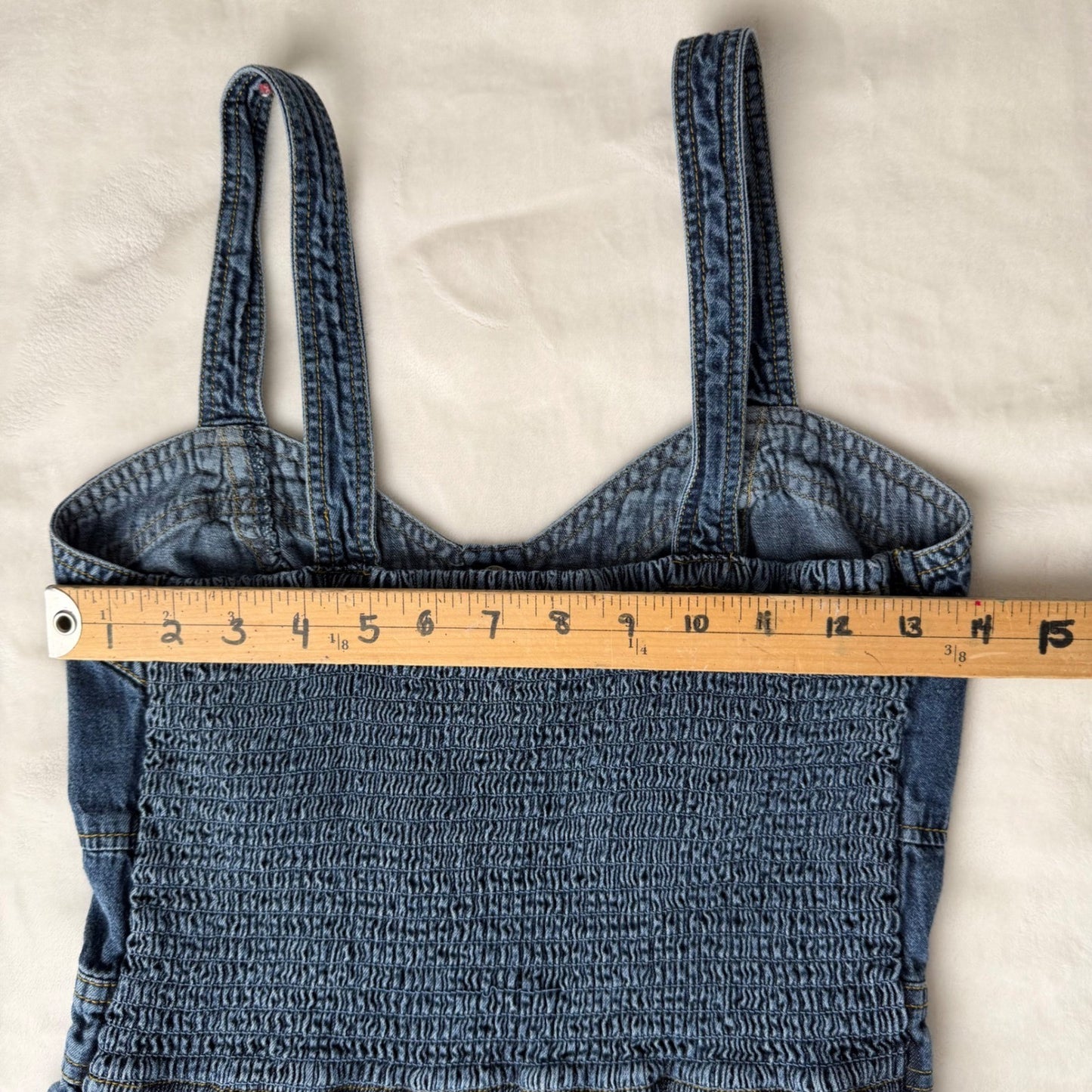 Denim Button Front Mini Dress smocked back Strappy Summer Casual Womens Medium