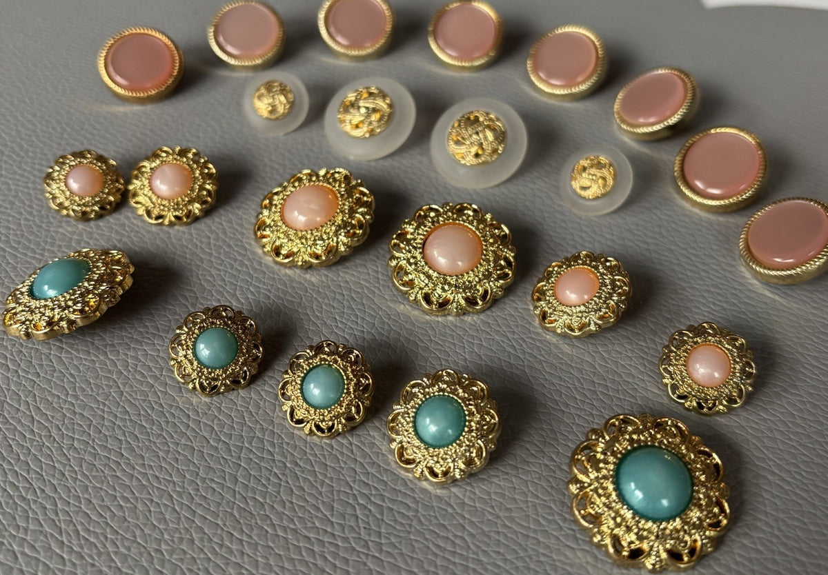 Contemporary Gold Filigree Cabochon Button Lot Pink Aqua Frosted Retro Style Set