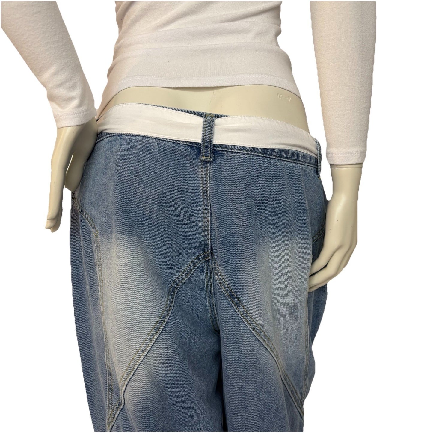 Women's Wide Leg Jeans 33x30 Slouchy Low Rise Y2K Baggy Denim White Belt Strap