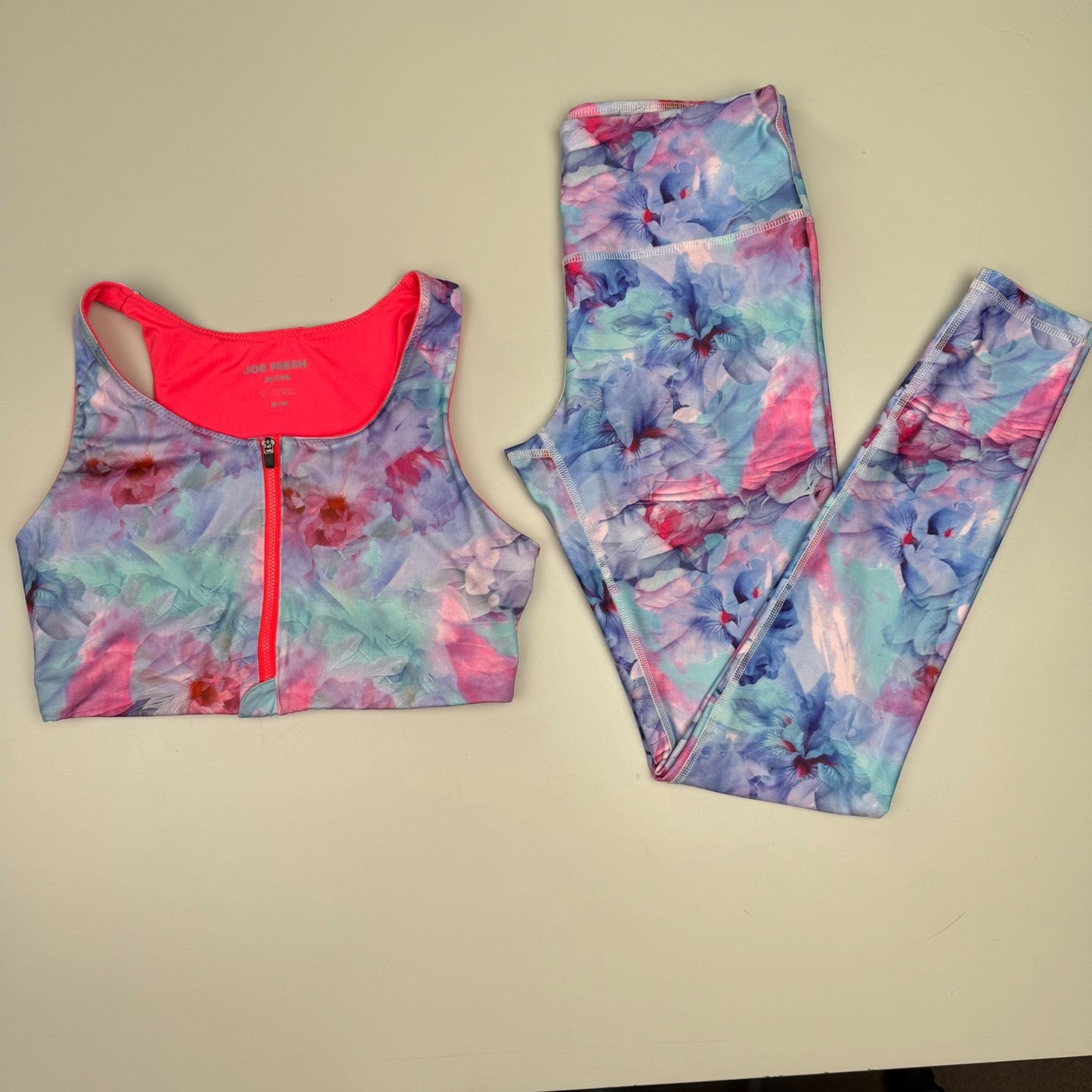 Joe Fresh Active Floral Workout Set Zip Front Bra High Waist Leggings Womens M