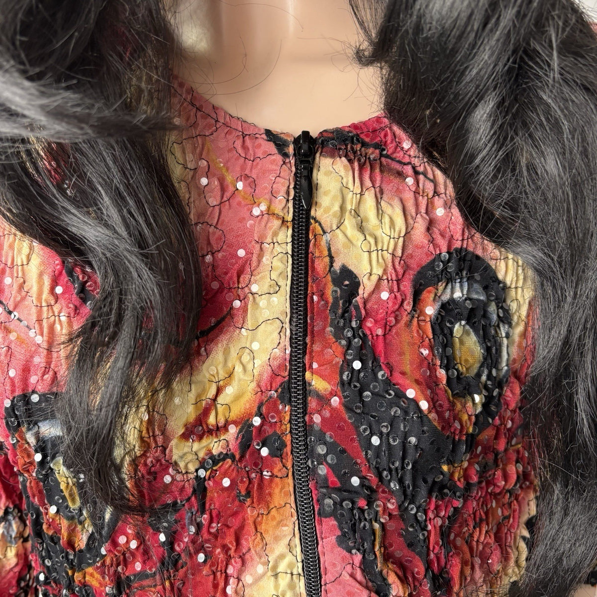 Vintage Handmade Black Red Sequins Crinkle Top OOAK Whimsigoth Witchy Y2K M
