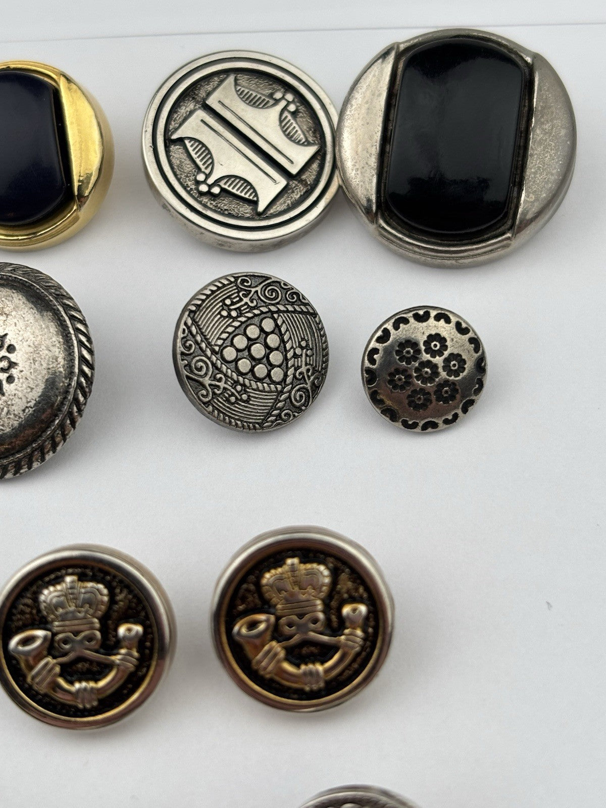 Vintage Silver & Black Button Lot – Crest, Textured, Enamel, and Etched Mix, 20