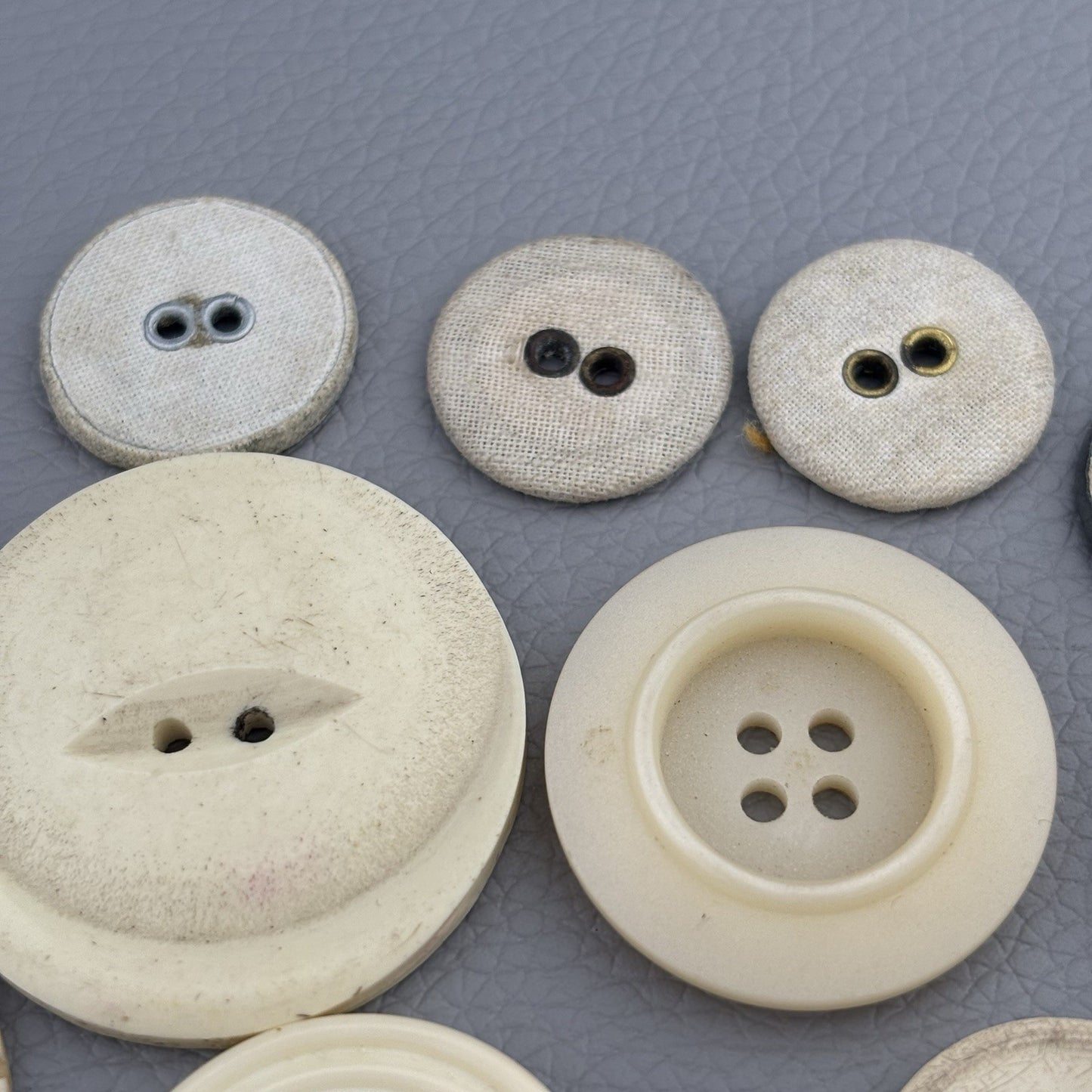 Antique Casein + Fabric Buttons Lot – Natural Ivory Beige Mix ~35pcs Early 1900s
