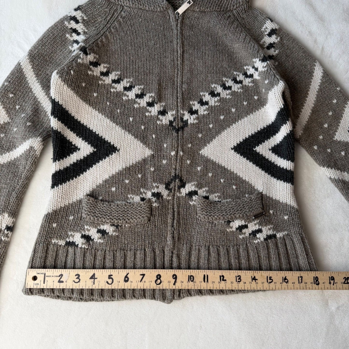 Kismet Zip Up Hooded Cardigan Wool Blend Geometric Cabin Gorpcore Sweater Size M