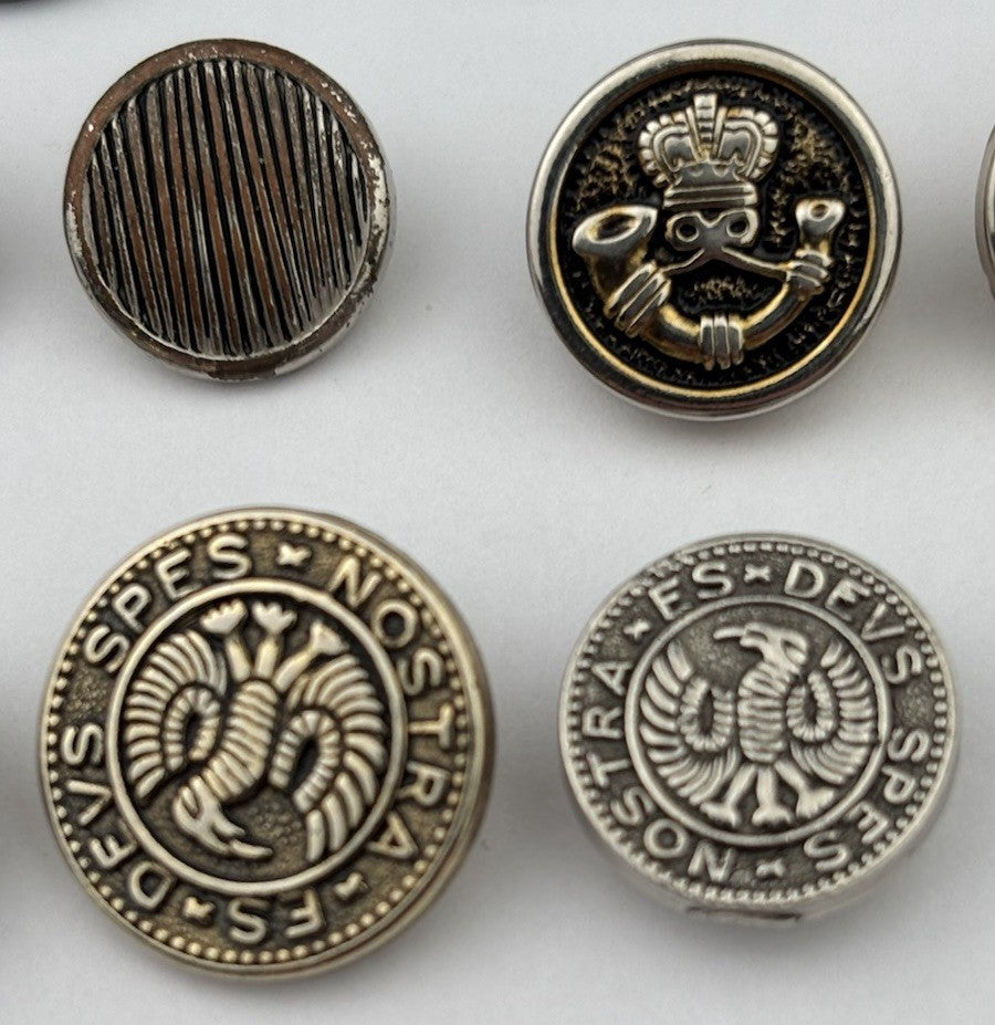 Vintage Silver & Black Button Lot – Crest, Textured, Enamel, and Etched Mix, 20