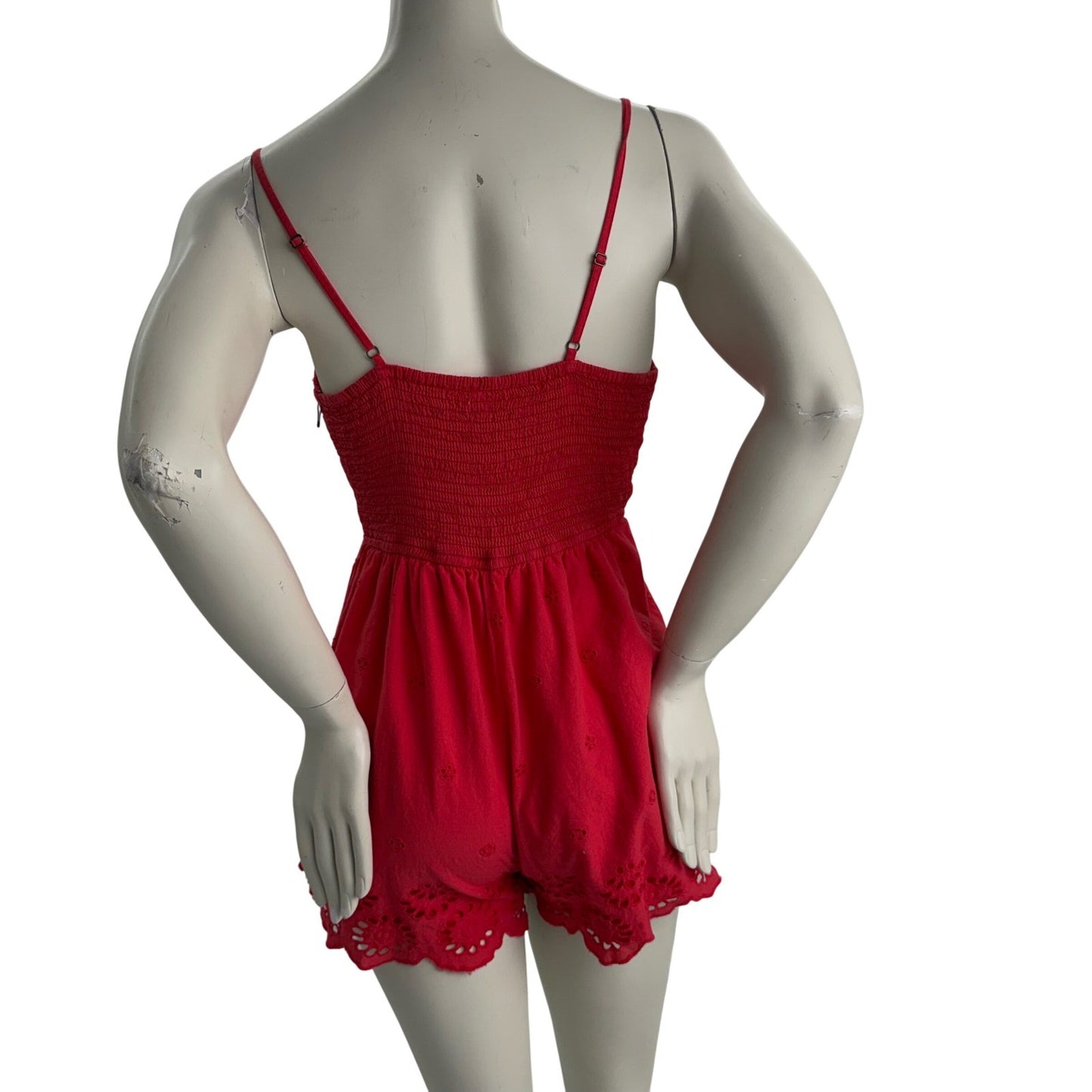 Coral Red Eyelet Embroidered Cotton Romper Smocked Back Boho Festival Country