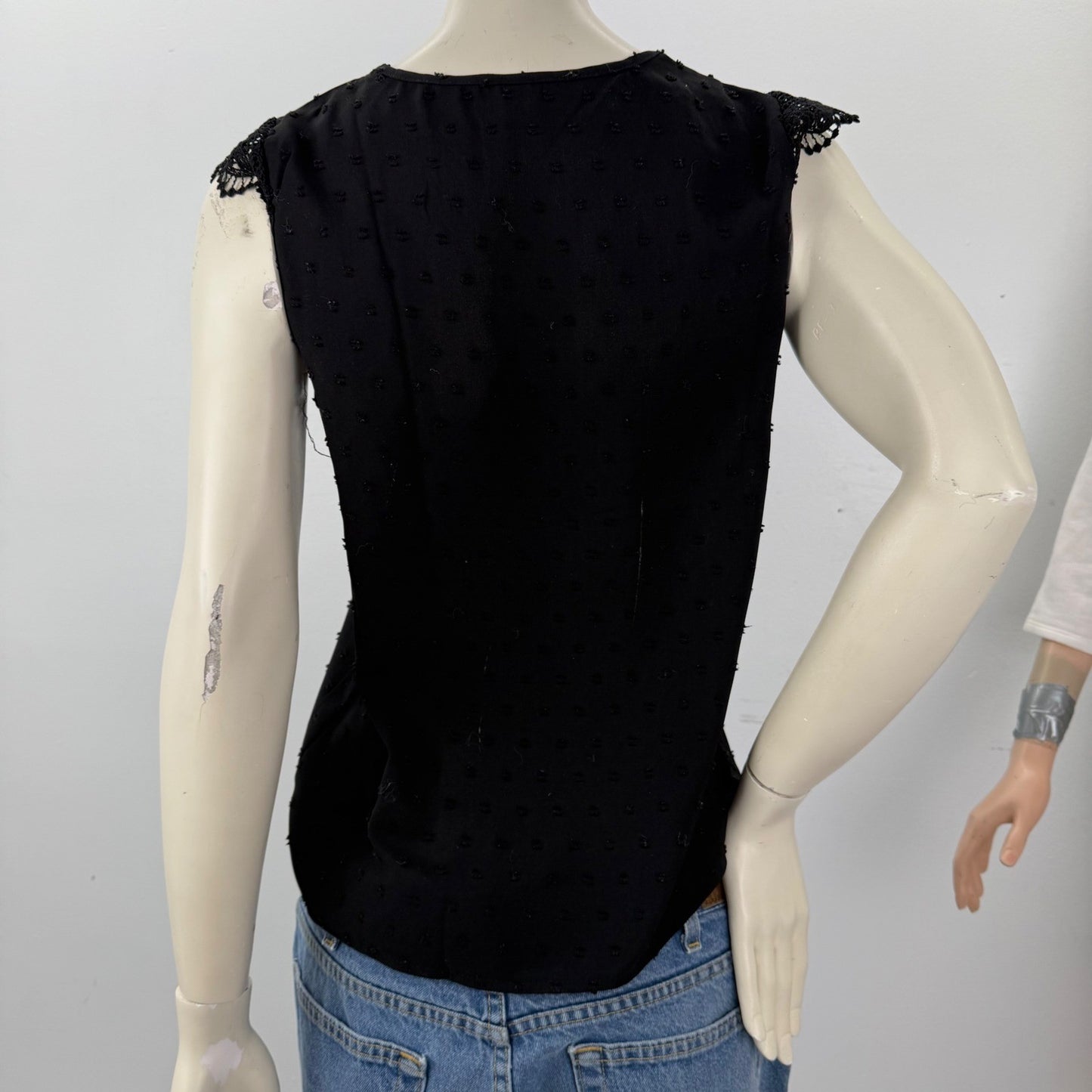 Women Black Sleeveless Blouse Swiss Dot Lace Trim Small Victorian Dark Academia