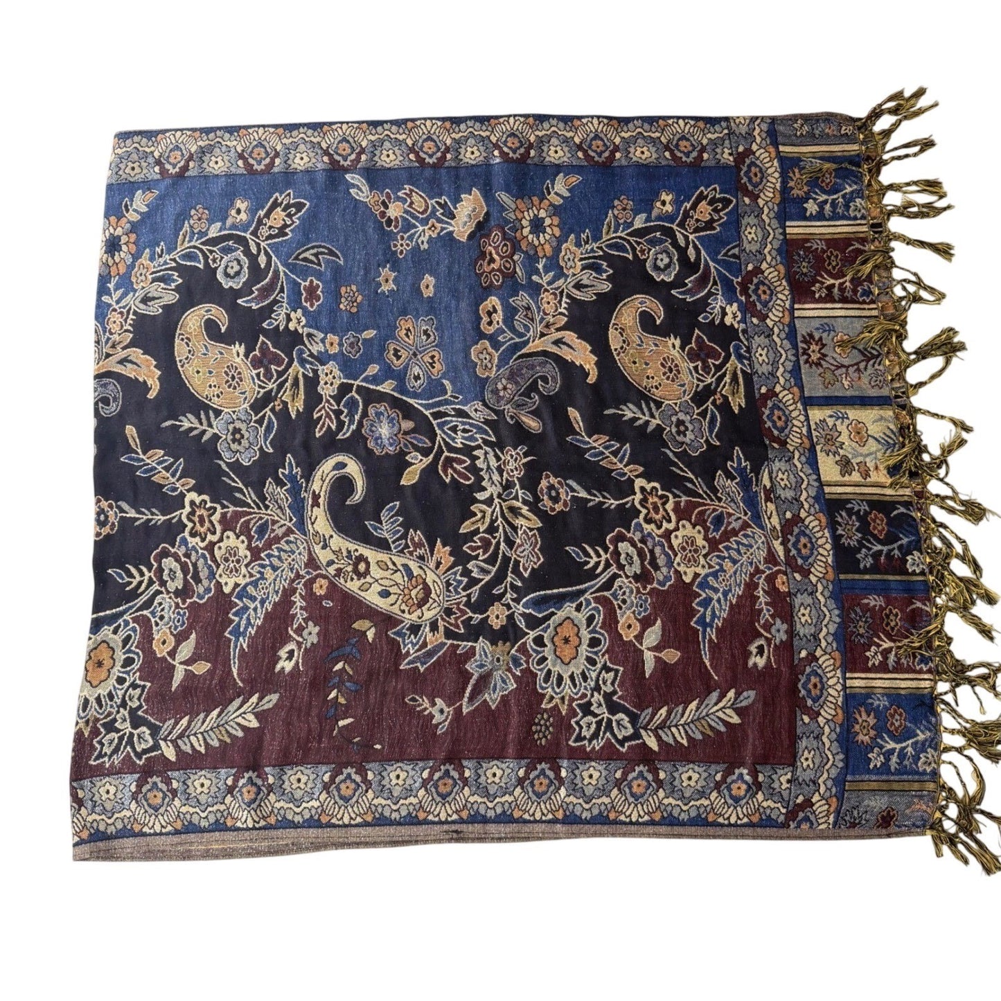 Tangren Pashmina Scarf Paisley Floral Metallic Boho Jewel Tone Wrap Blue OS