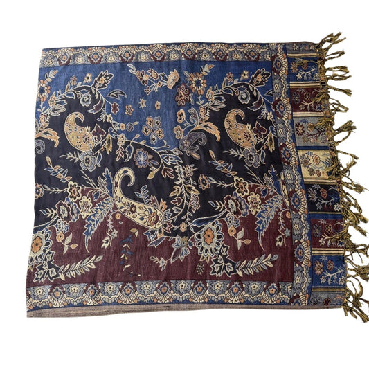 Tangren Pashmina Scarf Paisley Floral Metallic Boho Jewel Tone Wrap Blue OS