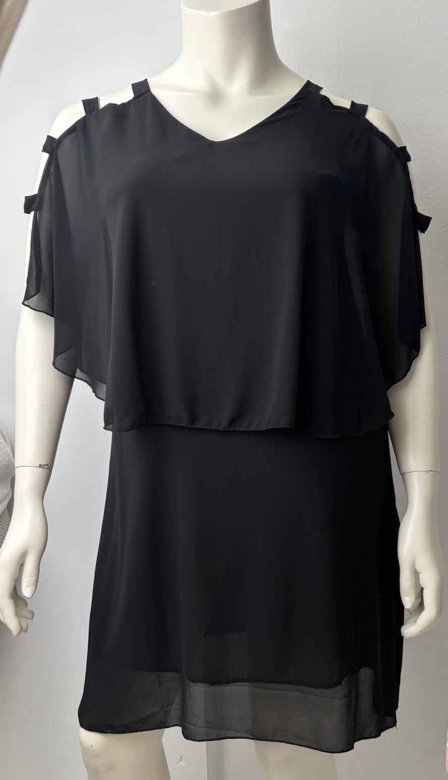 Black Chiffon Overlay Dress Cold Shoulder Layered Sheer Party Cocktail Sz Medium