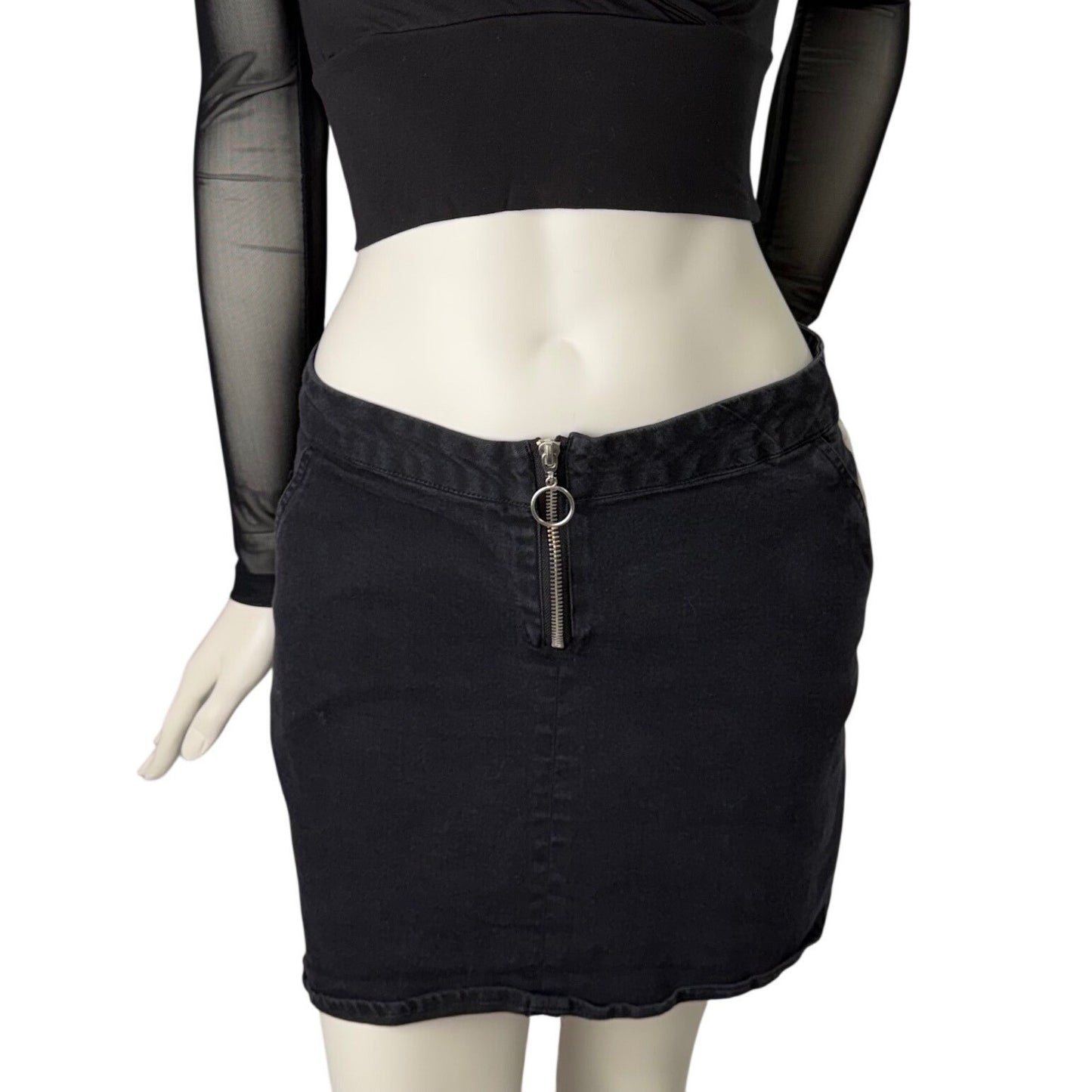 Streetwear Society Black Denim Mini Skirt Exposed O-Ring Zipper Y2K Goth Large