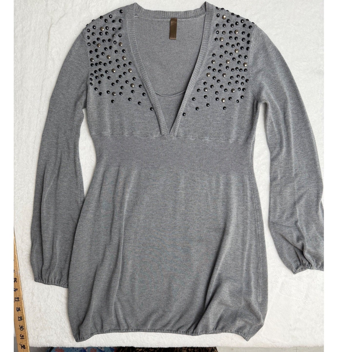 Danny Be Grey Studded Tunic Dress Balloon Sleeve Empire Waist Y2K Indie Sleeze