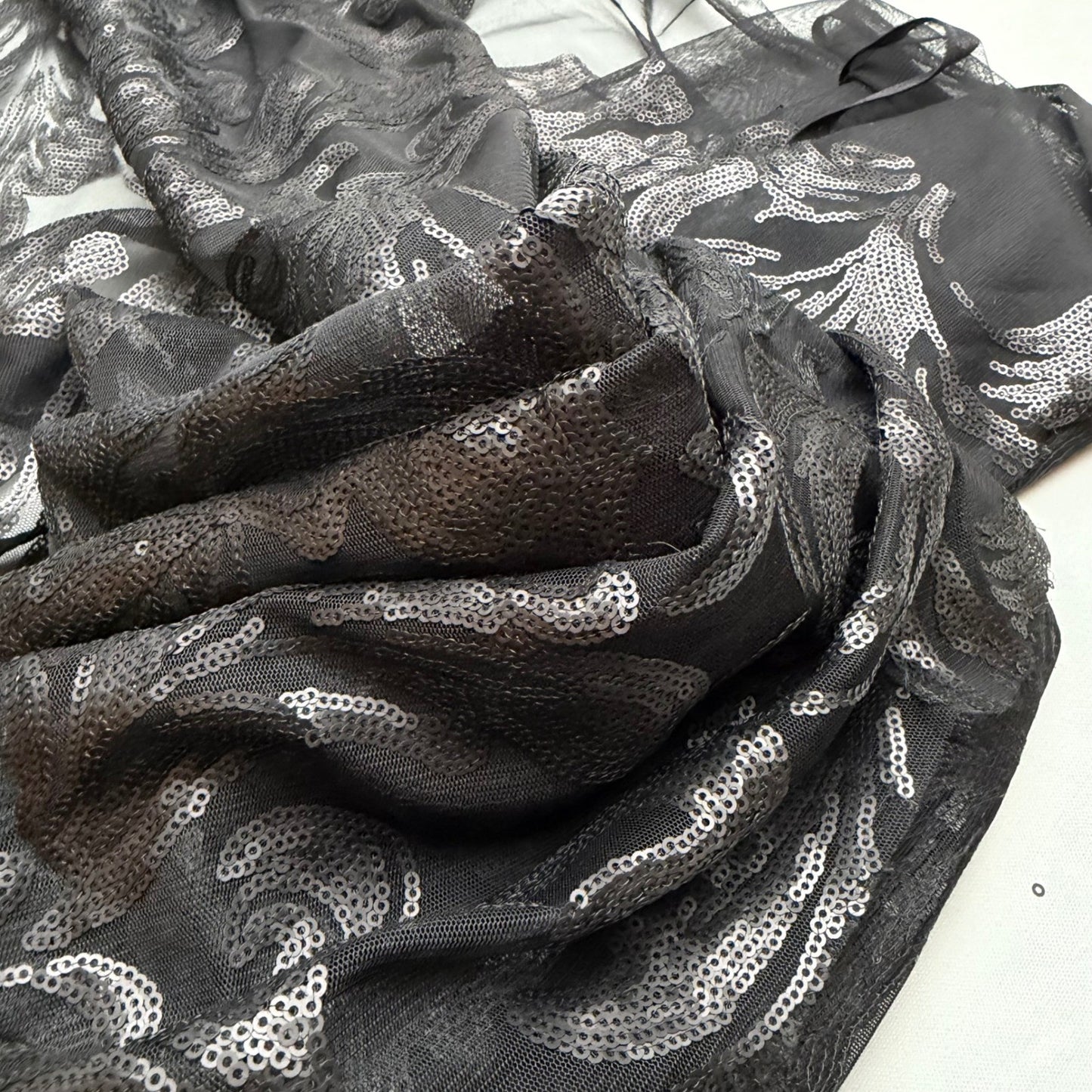 Black Baroque Sequin Mesh Fabric – Sheer Overlay – 60" Wide  2 Yards  Couture