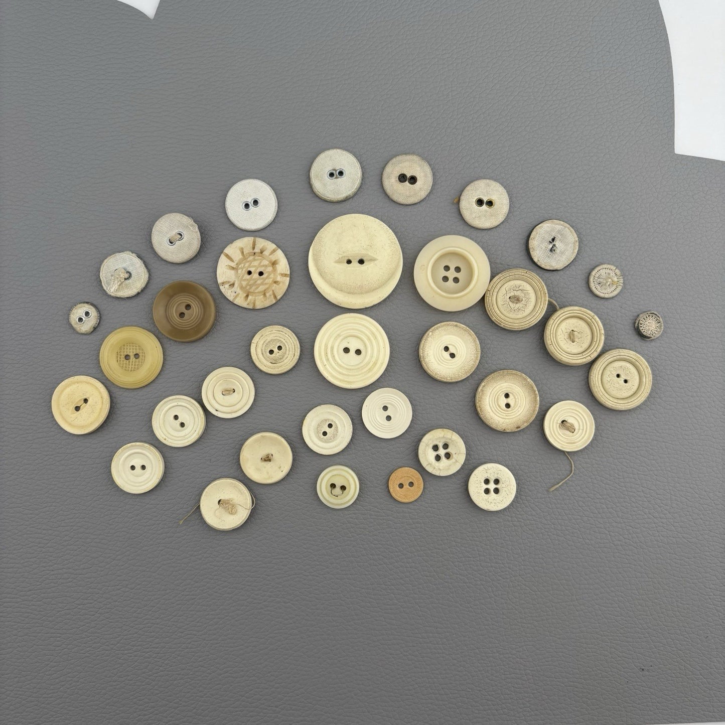 Antique Casein + Fabric Buttons Lot – Natural Ivory Beige Mix ~35pcs Early 1900s