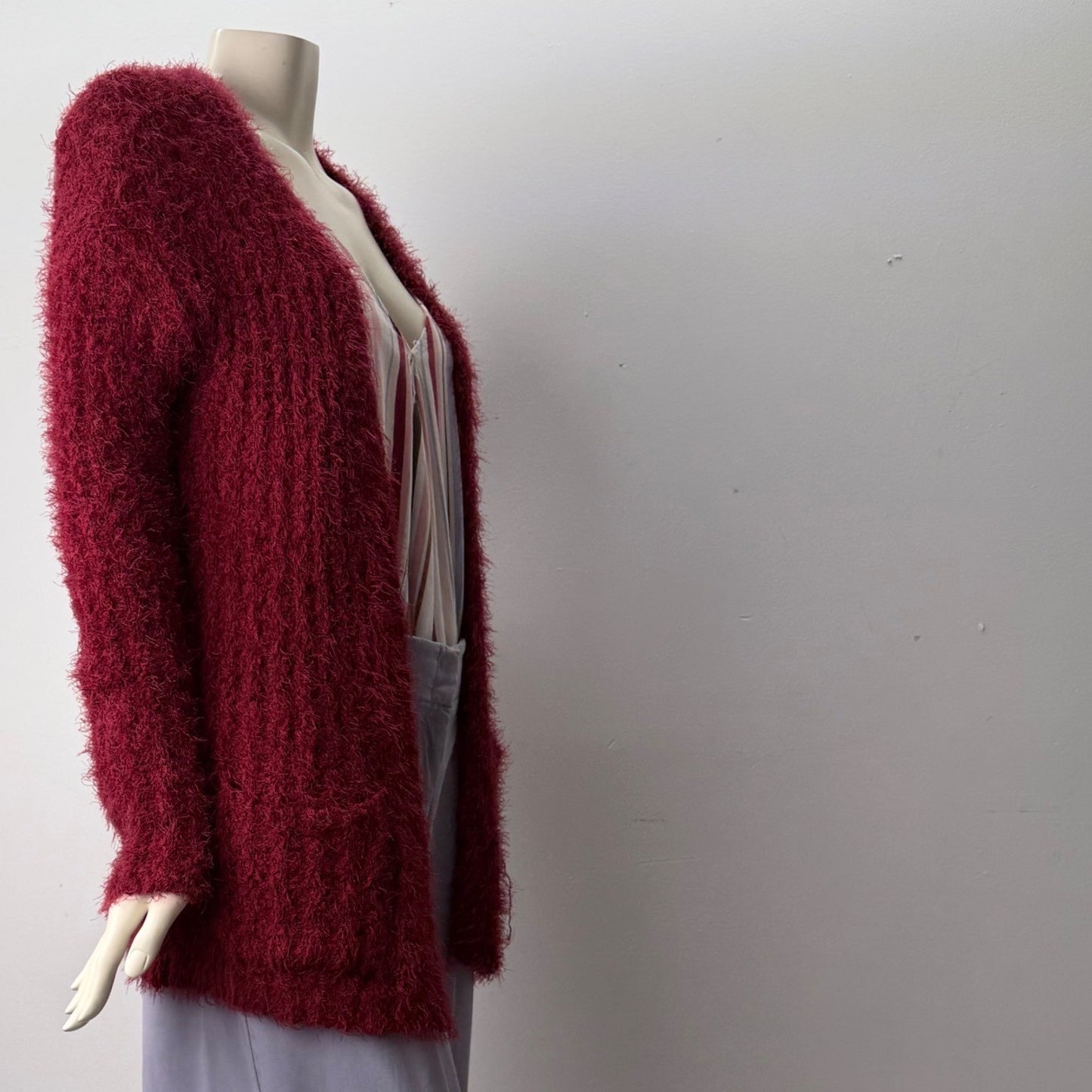 Burgundy Eyelash Knit Open Front Cardigan Sweater with Pockets Longline Fuzzy